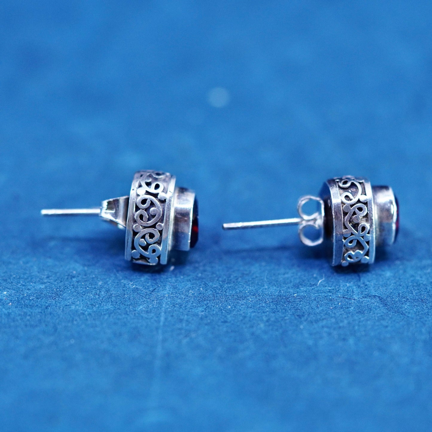 Vintage Sterling silver handmade earrings, 925 heart studs with ruby