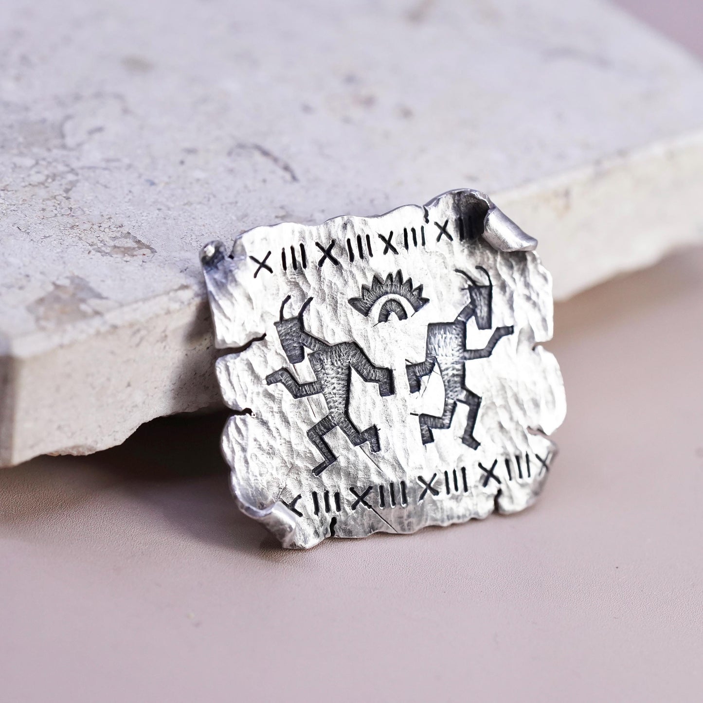 PRECIV Native American Kokopelli Sterling Silver brooch, Sun Petroglyph pendant