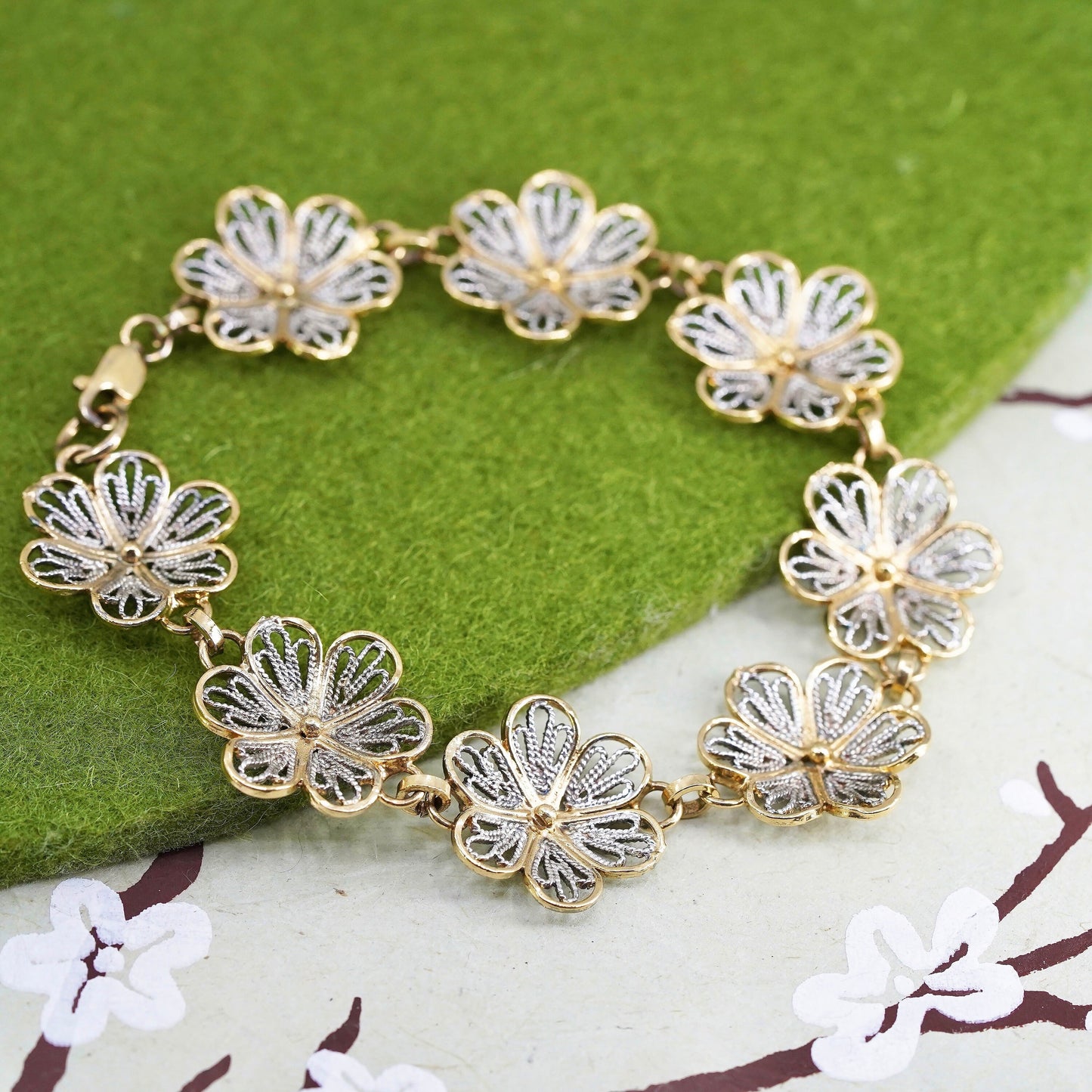 7", Italian sterling silver handmade bracelet, 925 filigree flower link chain