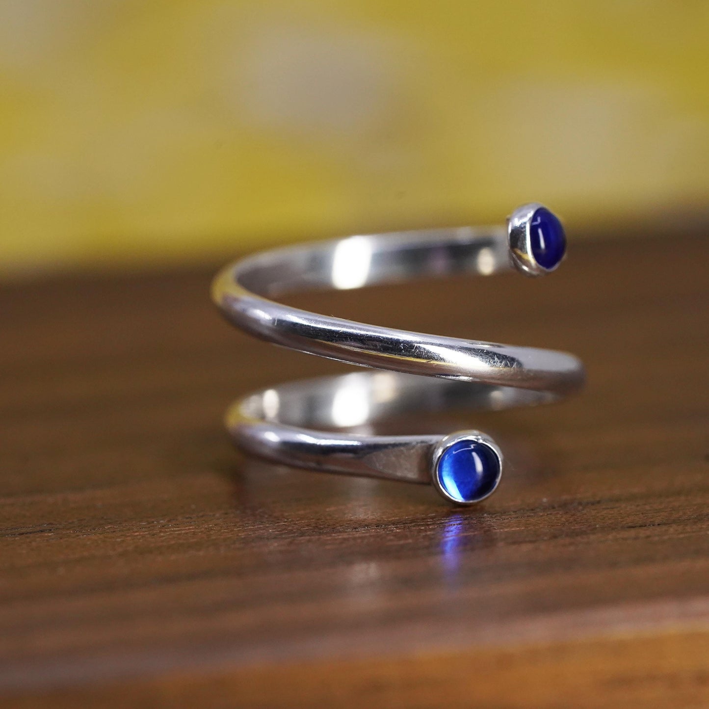 Size 3.75, Vintage Sterling silver handmade ring, 925 wrap band w/ blue crystal