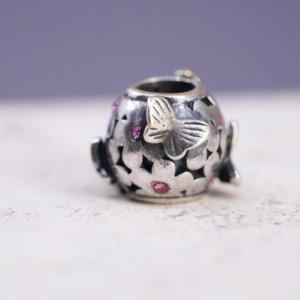 Vintage Sterling silver handmade bead pendant, 925 floral charm with butterfly
