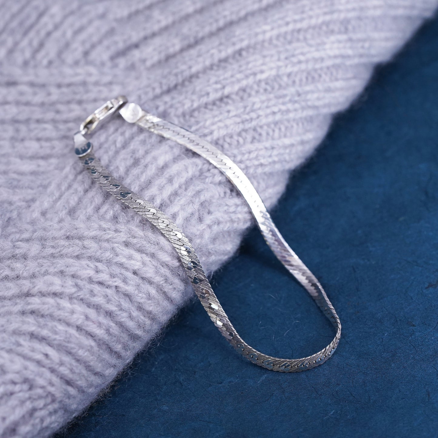 7”, Sterling silver handmade bracelet, heart textured 925 herringbone chain