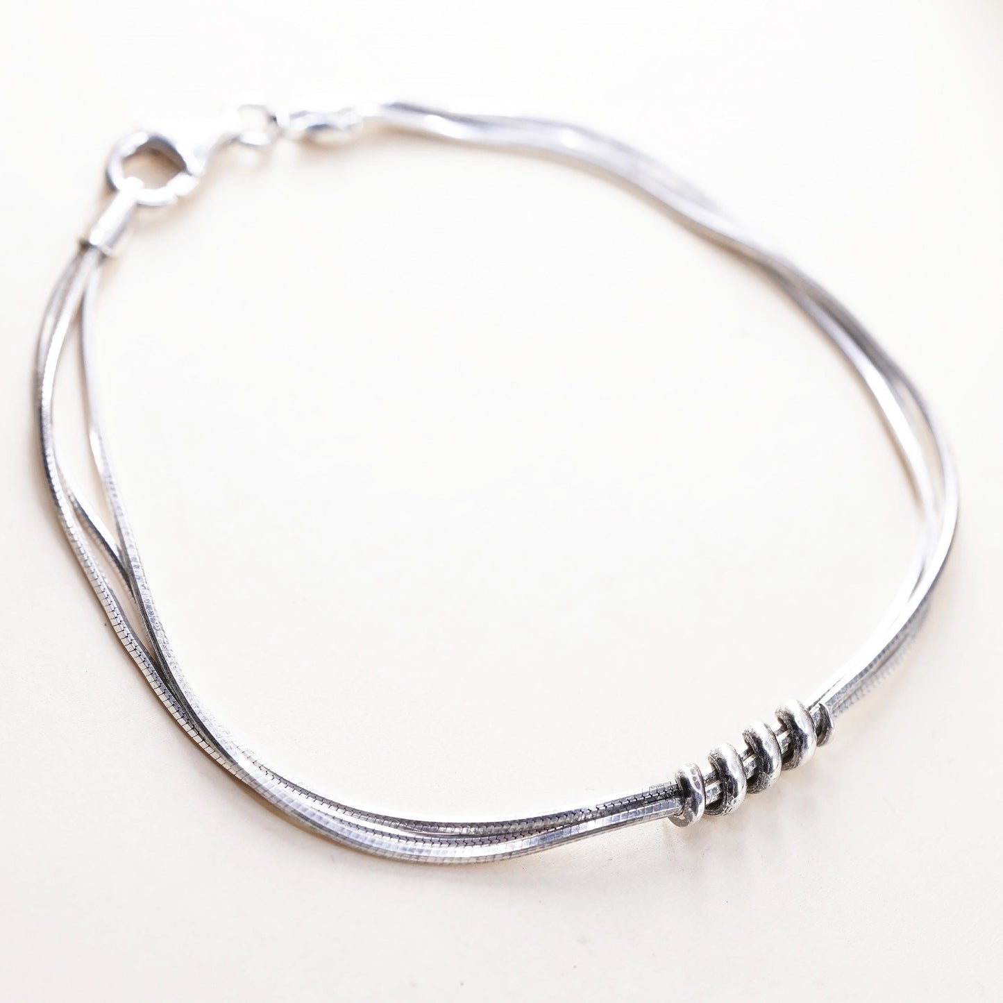 7”, vintage Italian triple strands sterling silver bracelet, 925 snake chain