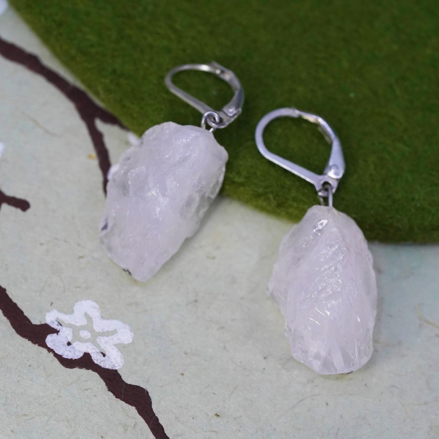 Vintage Sterling 925 silver handmade earrings with nugget pink quartz