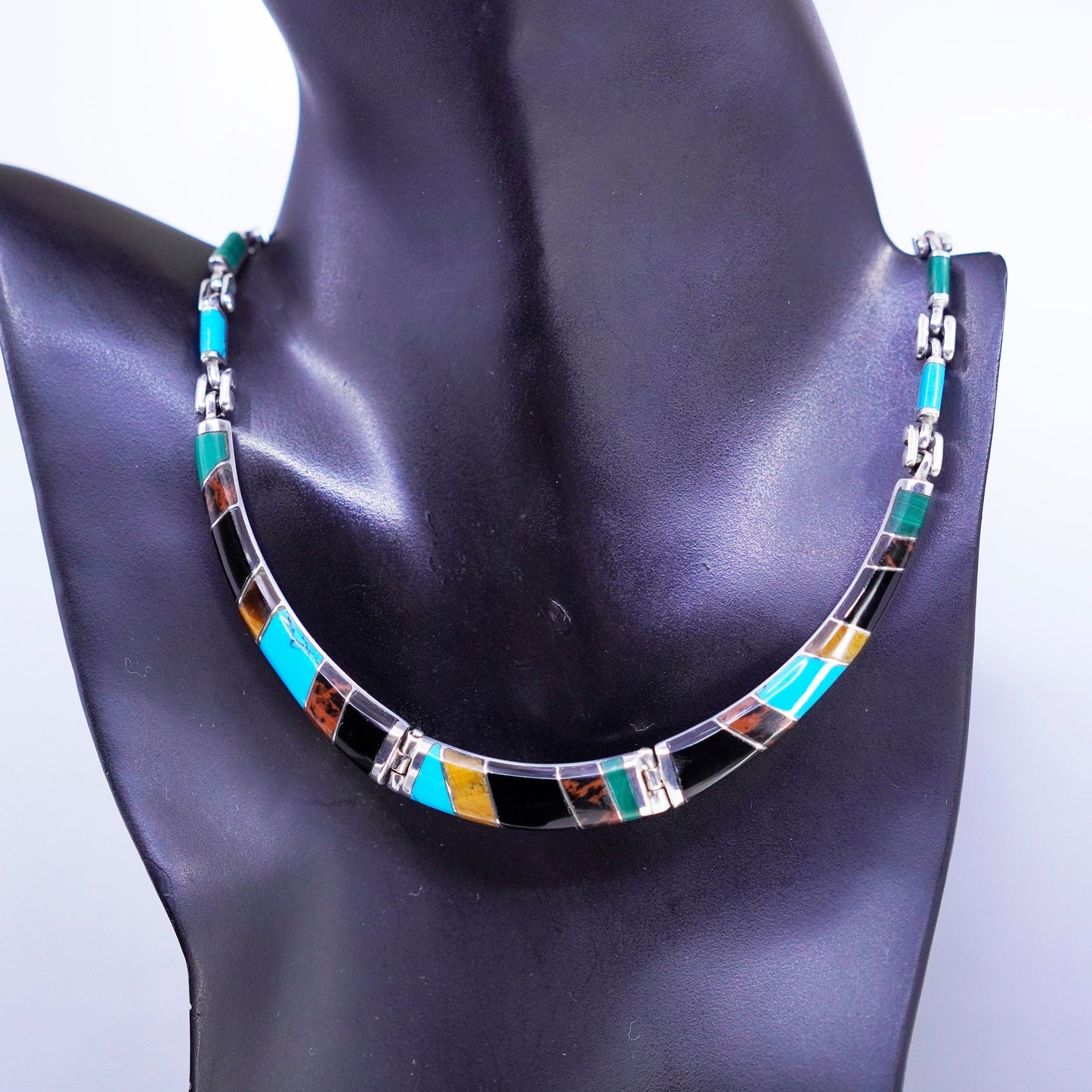 17”, Sterling 925 silver zuni choker collar necklace turquoise jasper obsidian