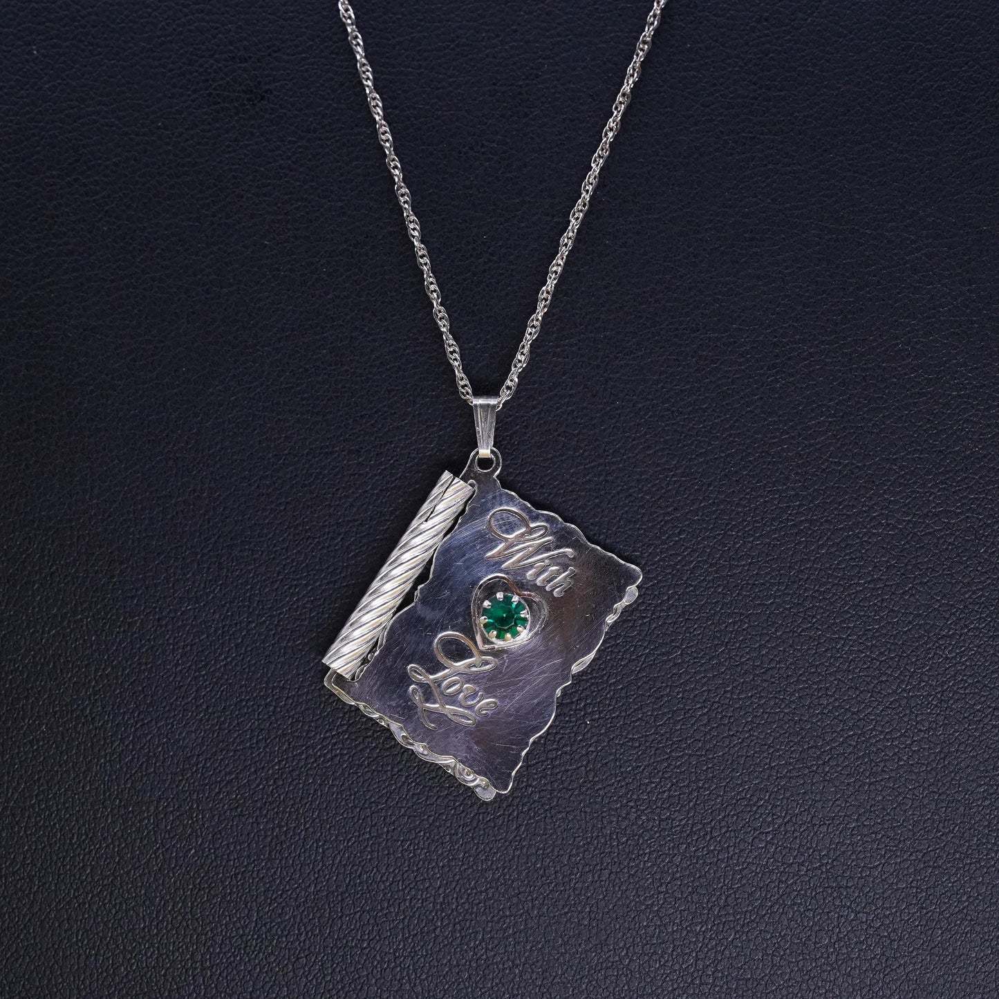 20”, Vintage sterling silver 925 Singapore rope necklace book charm emerald