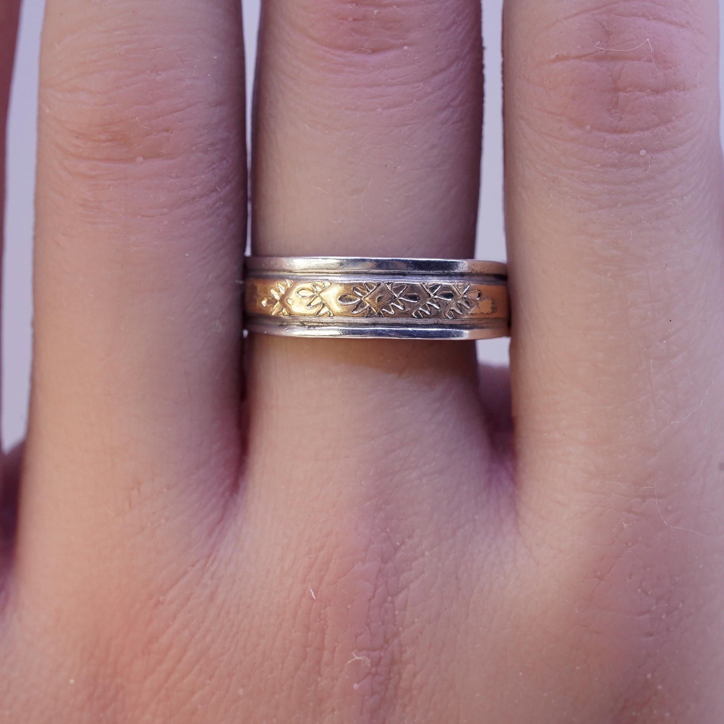 Size 10, Native American Keith James sterling silver 14K GF ring, Navajo 925