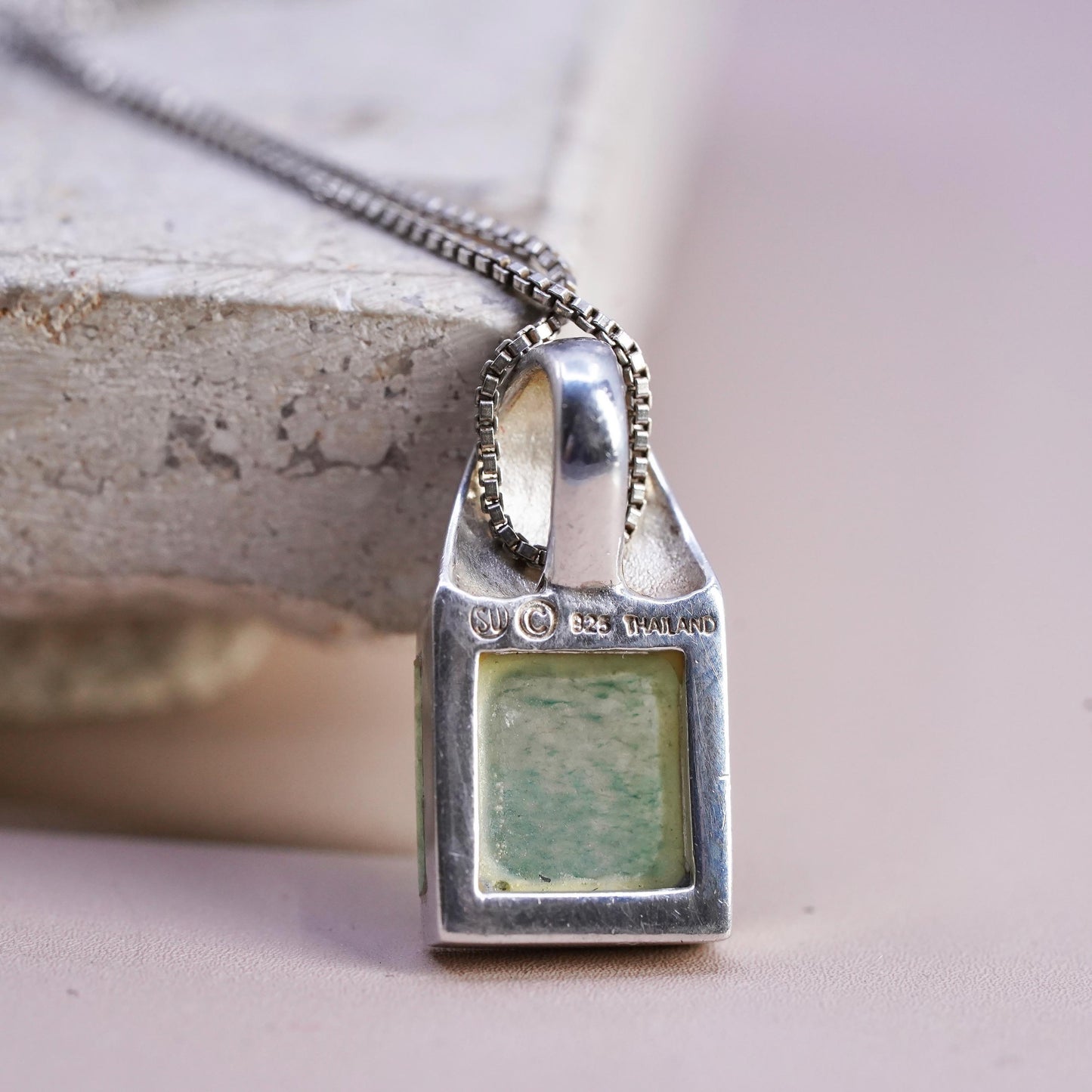 18", VTG Sterling silver handmade necklace, 925 box chain square jade pendant