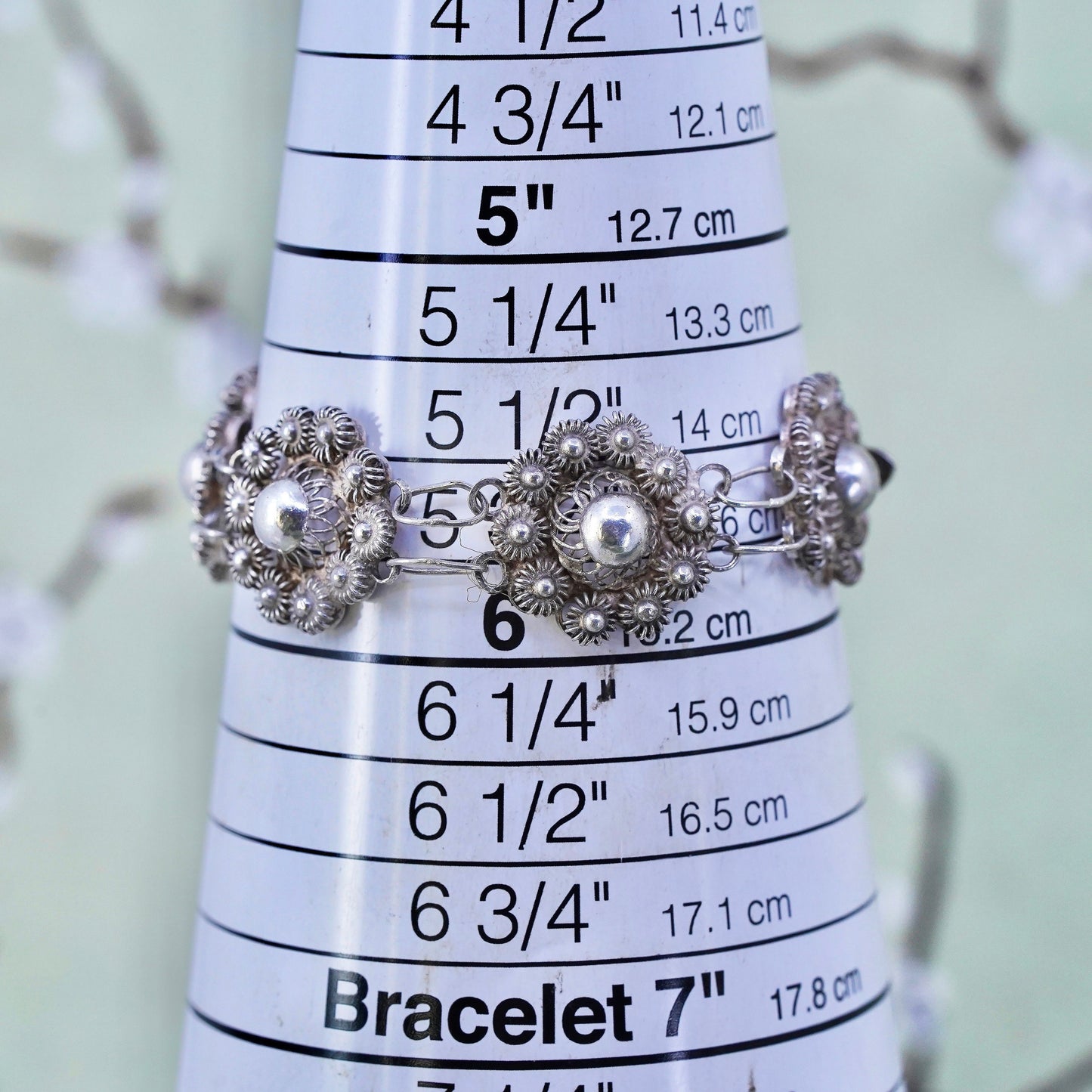 5.75", VTG sterling silver handmade bracelet, 800 filigree flower link chain
