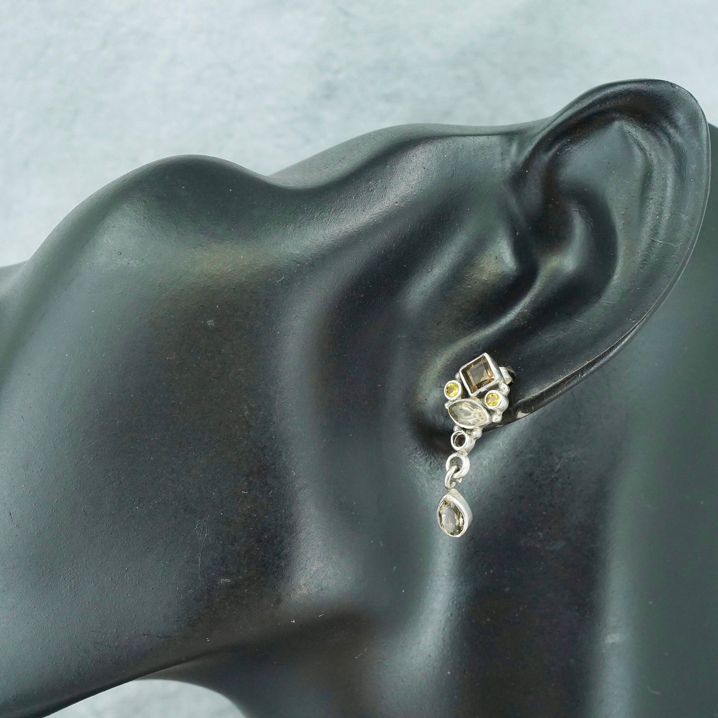 Vintage Sterling 925 silver handmade earrings with teardrop smoky topaz