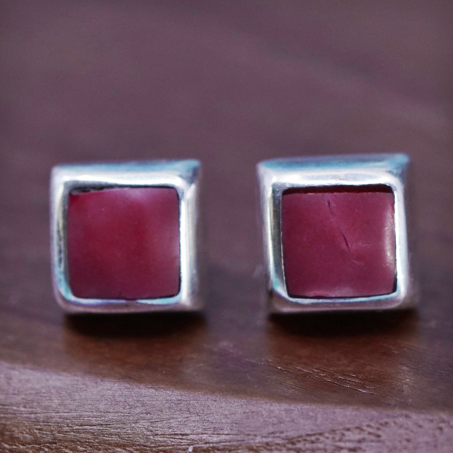 Mexico Sterling silver handmade earrings, square studs with red jasper inlay
