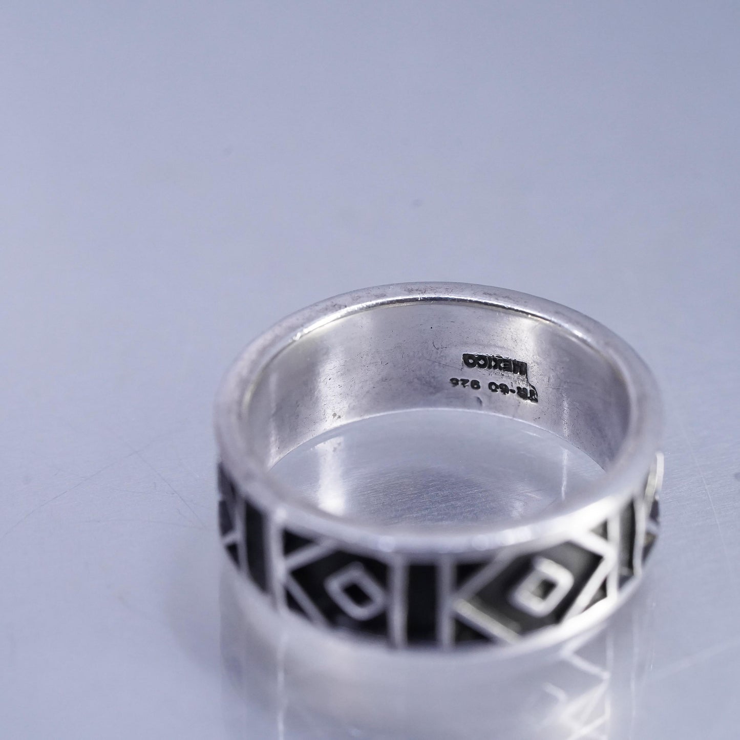 SZ 12.5, Vintage Mexican Oxidized Sterling Silver Geometric Band Ring Modernist