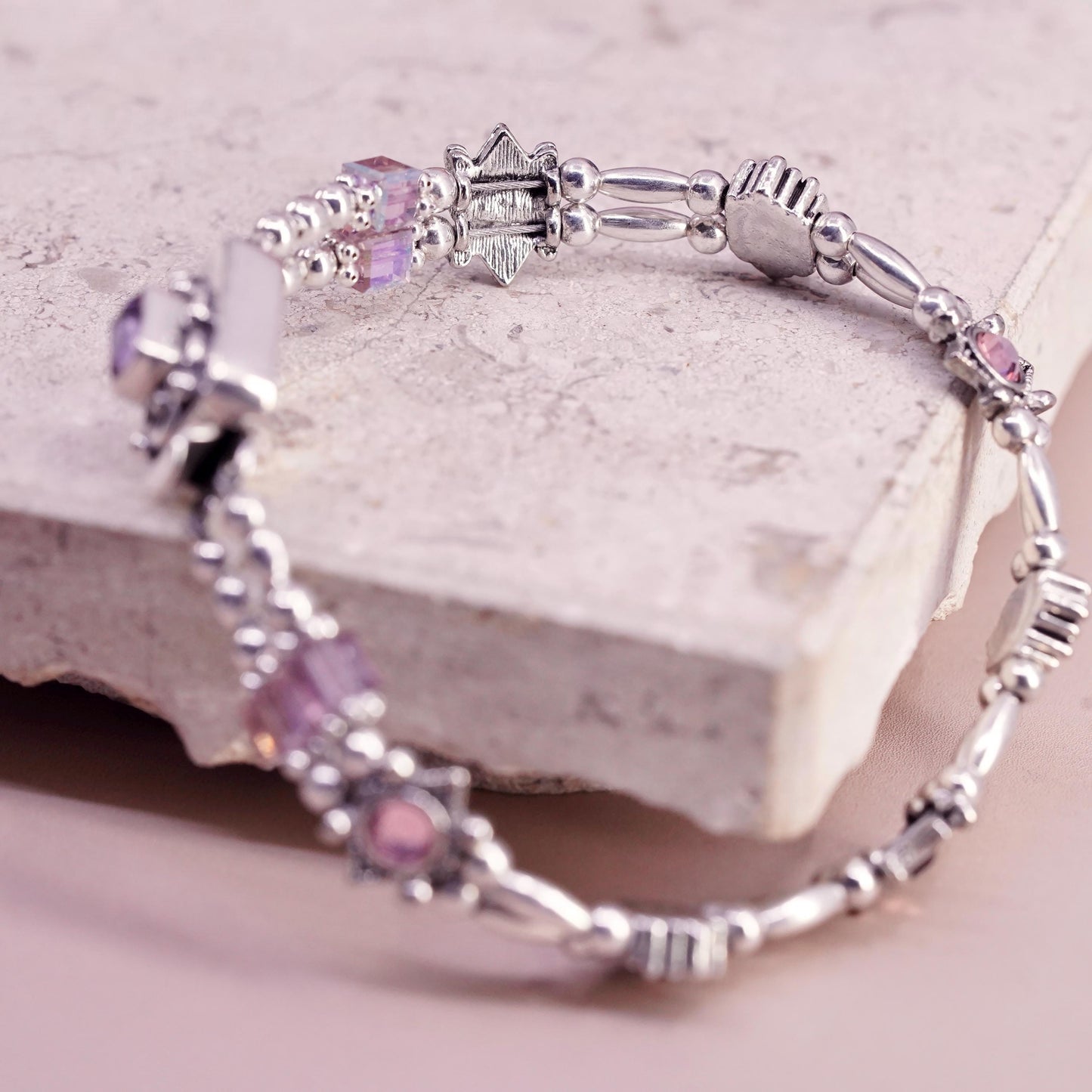 7.5", VTG Sterling 925 silver handmade tennis bracelet amethyst crystal beads