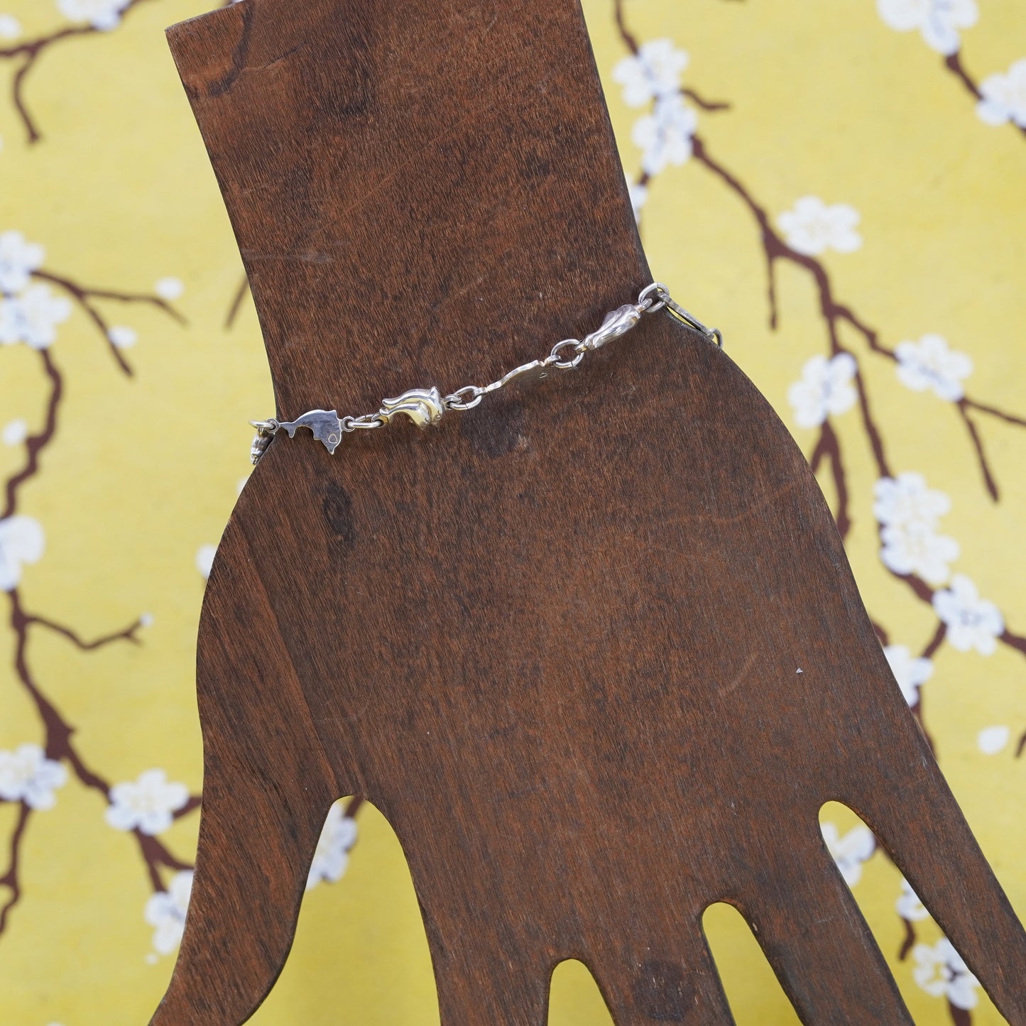 7.75”, vintage sterling 925 silver handmade bracelet, chain with dolphin charms