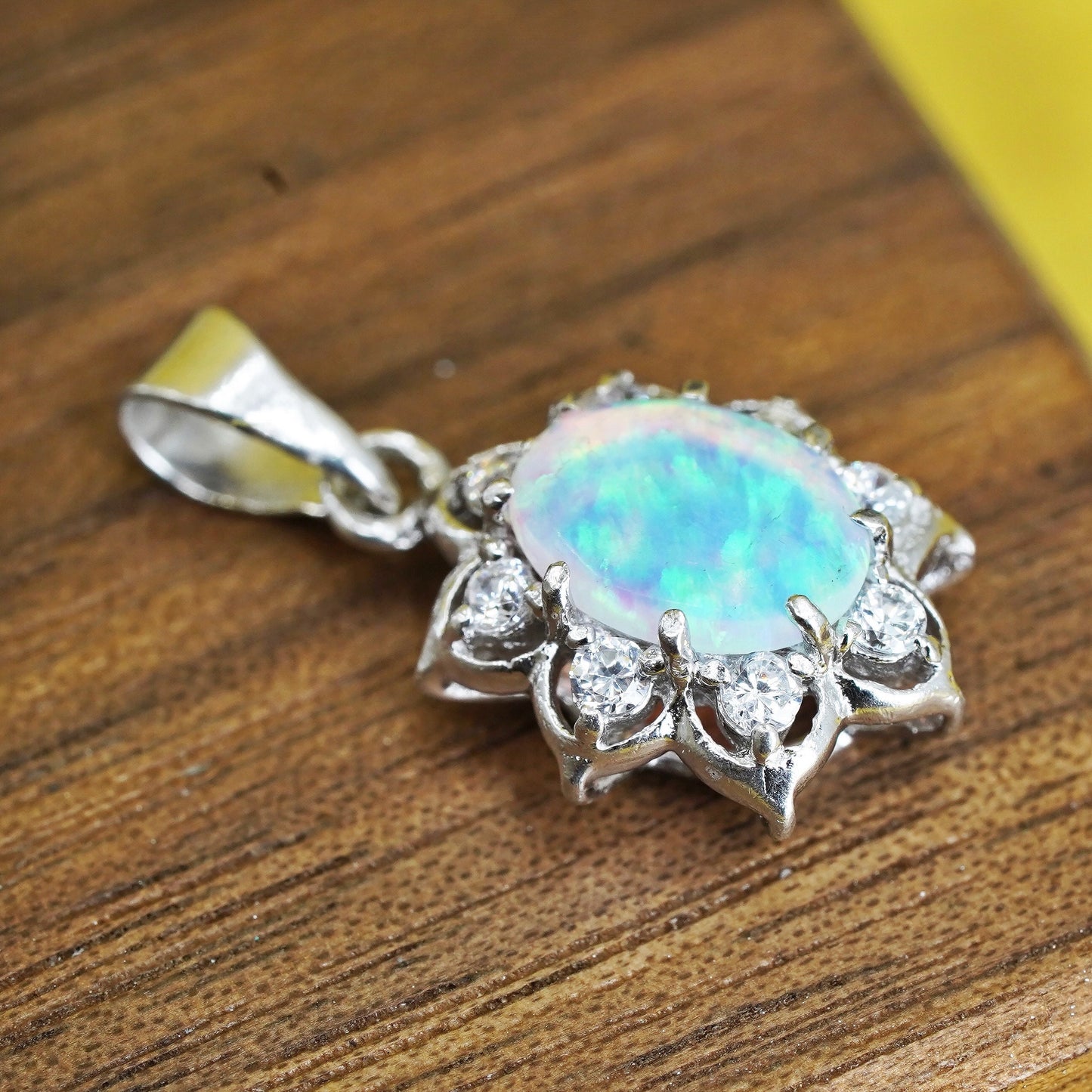 Vintage Sterling 925 silver handmade oval pendant with opal and cz