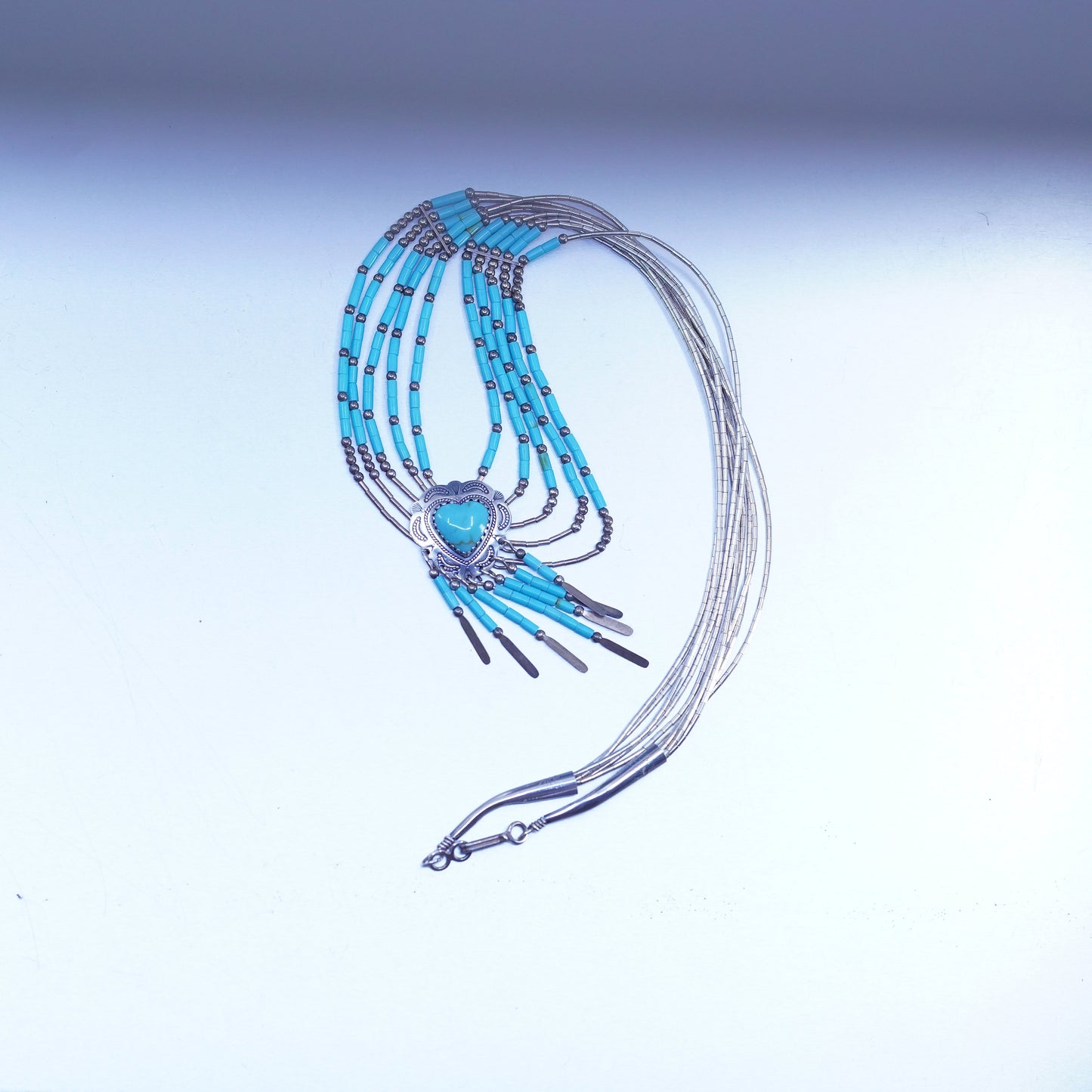 18”, liquid Sterling 925 silver strands necklace, Native American turquoise