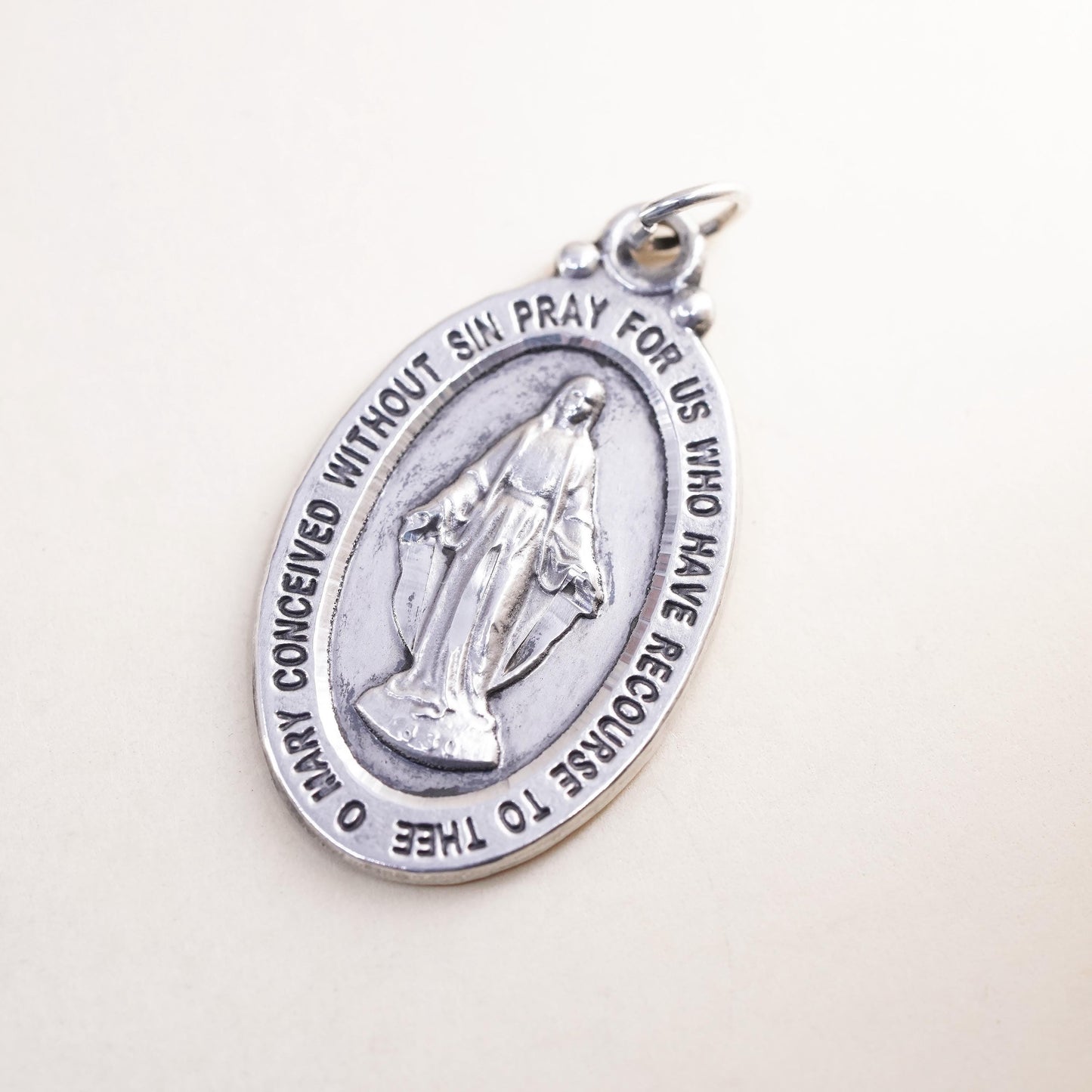 Vintage sterling silver pendant, 925 Virgin Mary charm “Mary conceived without