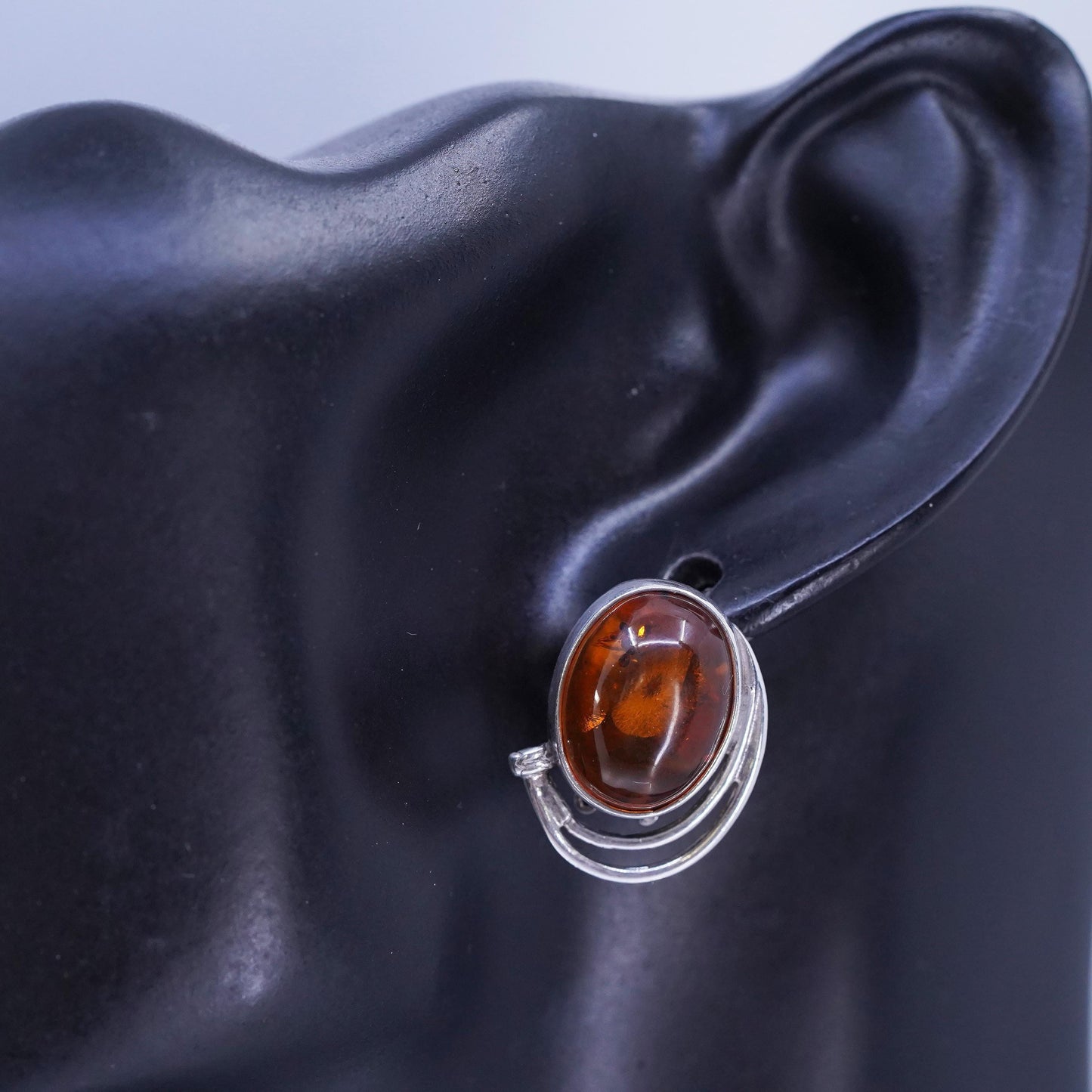 Vintage Sterling 925 silver handmade earrings, oval clip on with amber