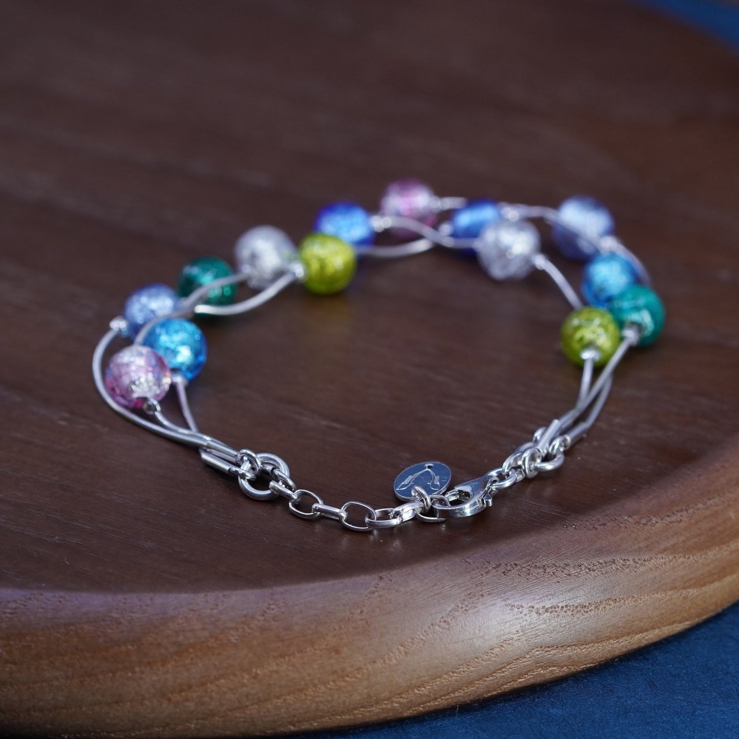 7.5+1”, Antica 925 Sterling silver snake chain bracelet artisan foiled glass