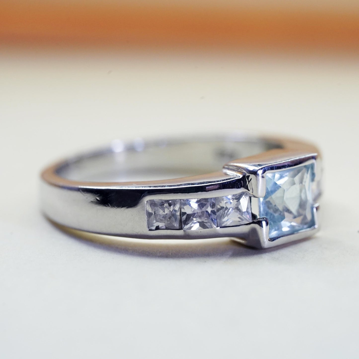 Size 7, vintage sterling 925 silver handmade stackable band ring square topaz