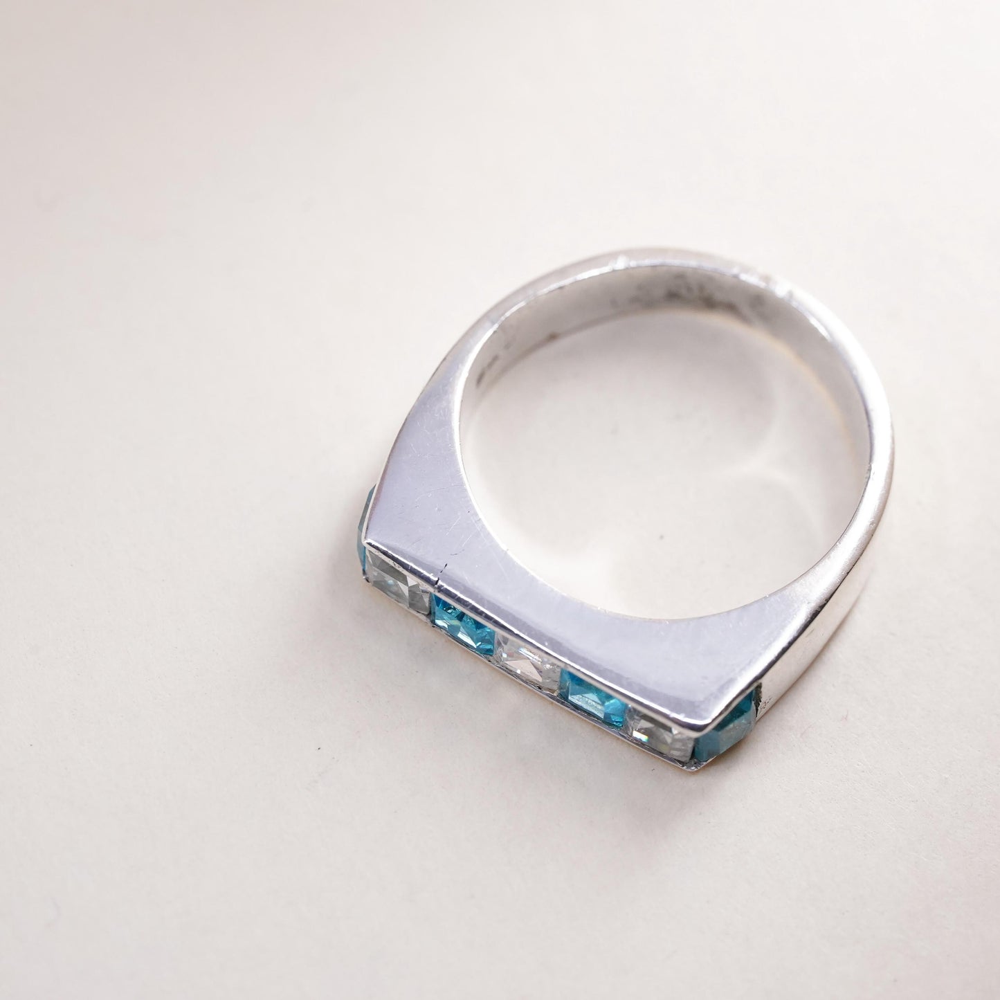 Size 7.5, vintage sterling 925 silver ring cluster square CZ, stackable band