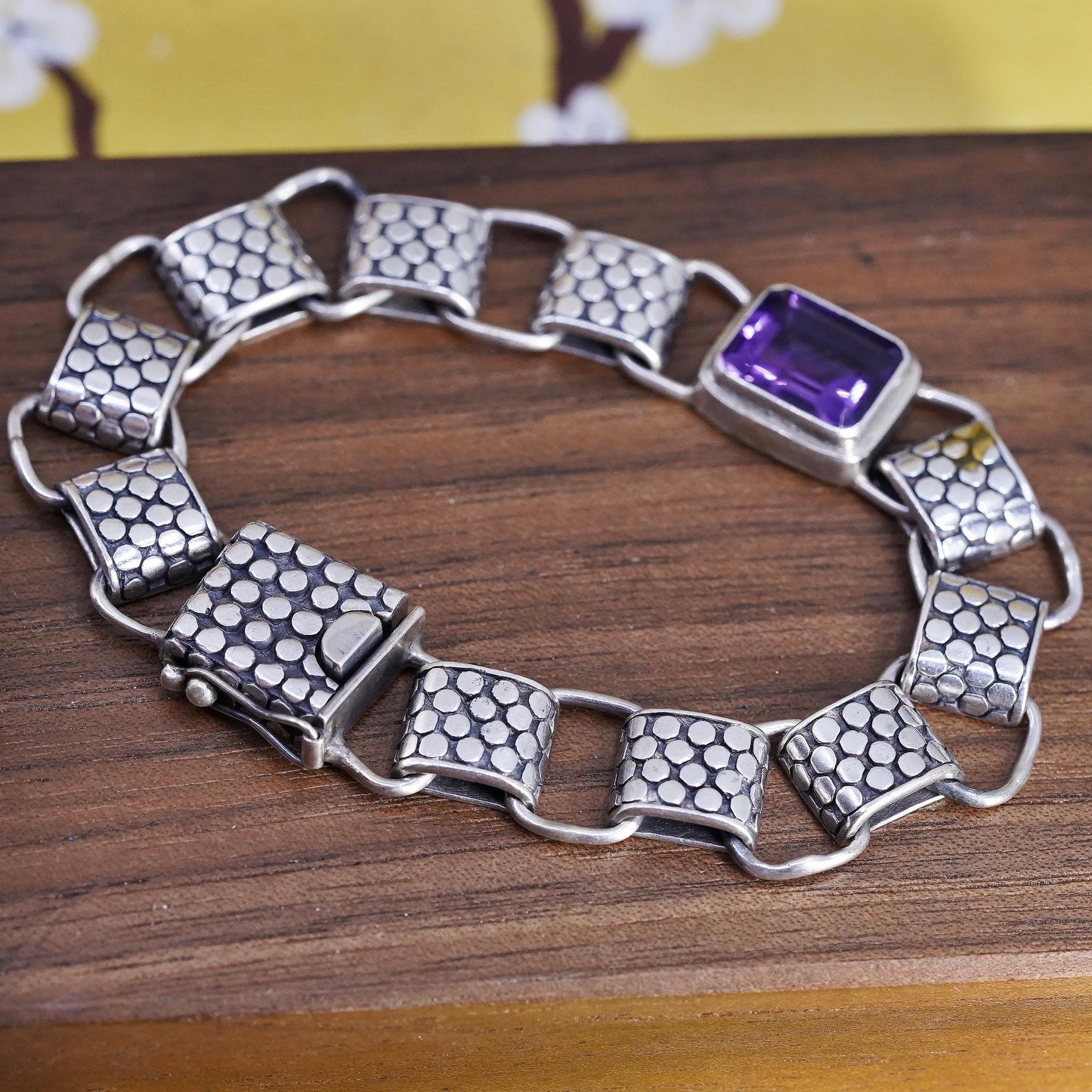 6.75", Vintage Sterling Silver Amethyst Link Bracelet, Beaded Textured chain