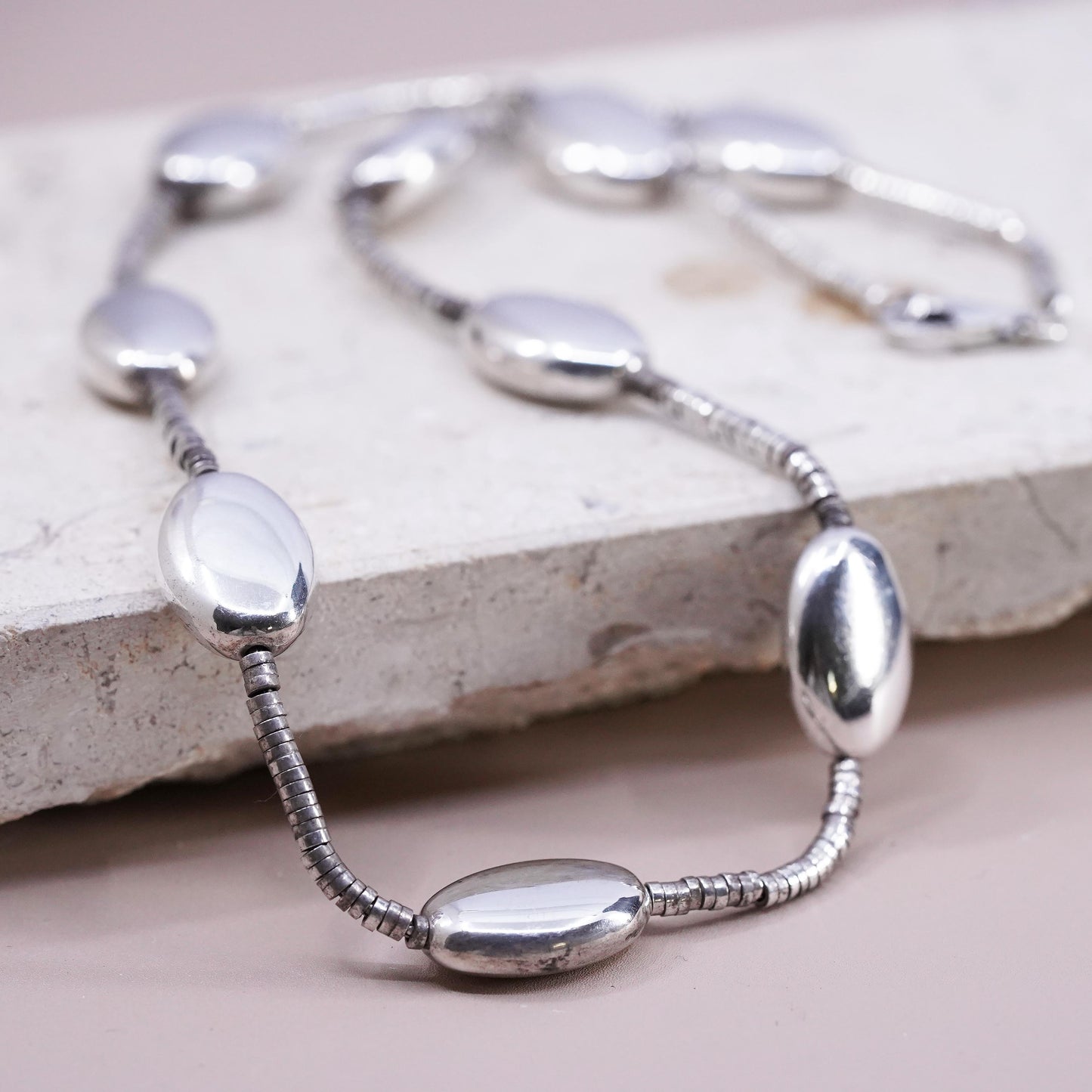 18", vintage Native American Sterling silver heishi necklace w/ 925 oval beads