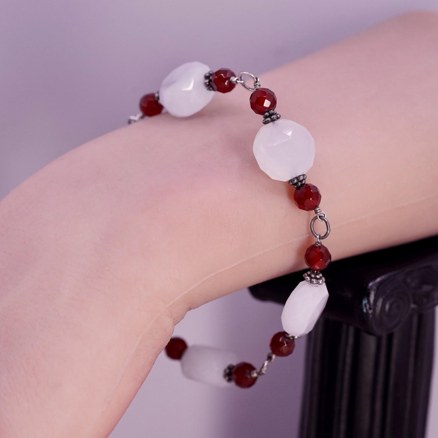 6.75”, vtg sterling silver handmade bracelet, 925 w/ turquoise N carnelian bead
