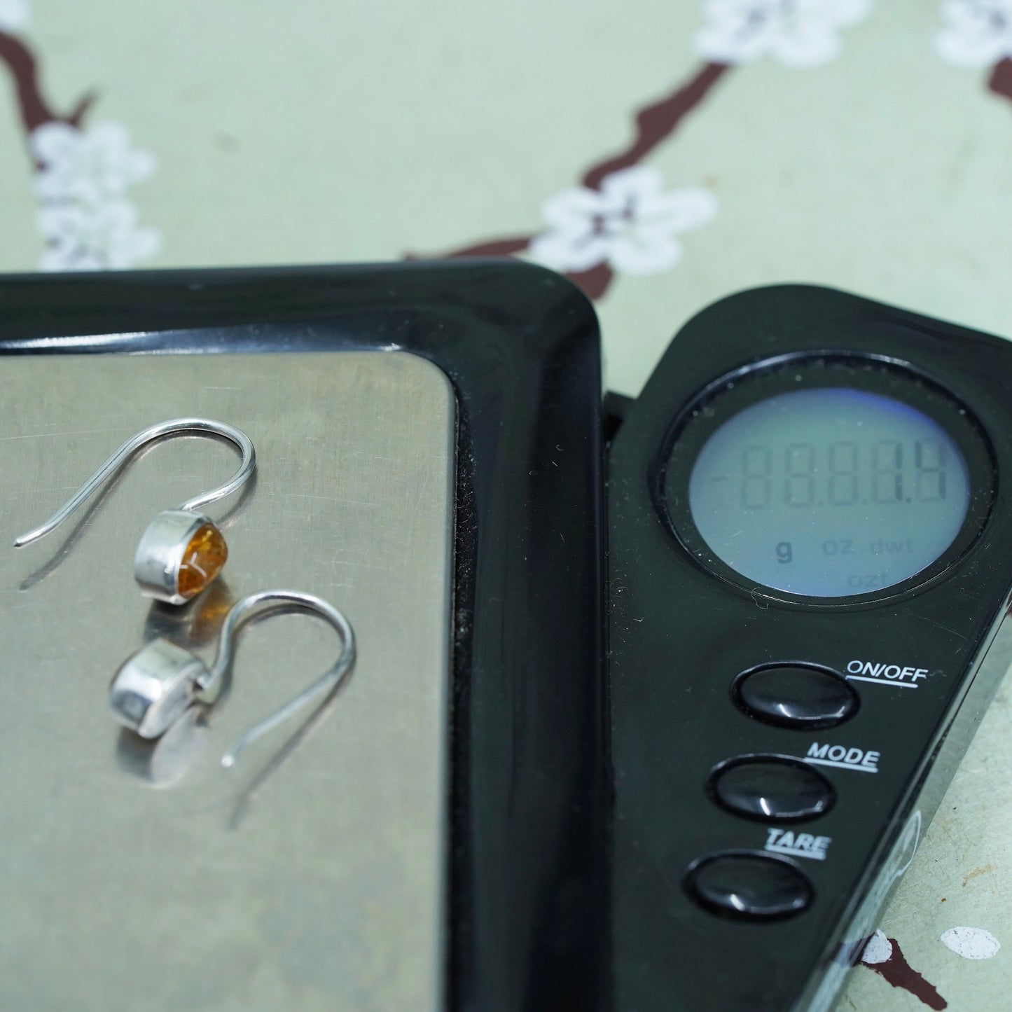 Vintage sterling 925 silver handmade earrings with oval Amber