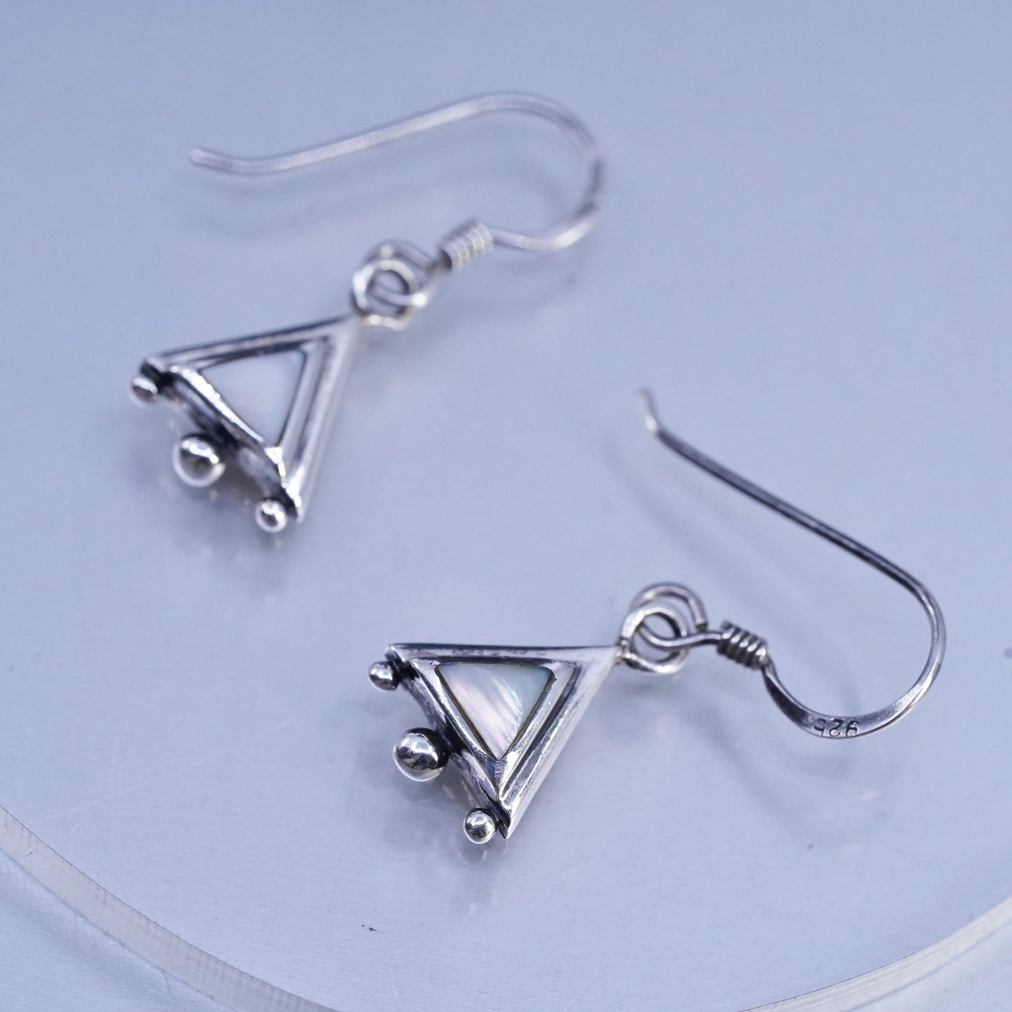 Vintage Sterling 925 silver handmade triangular earrings with mother of pearl