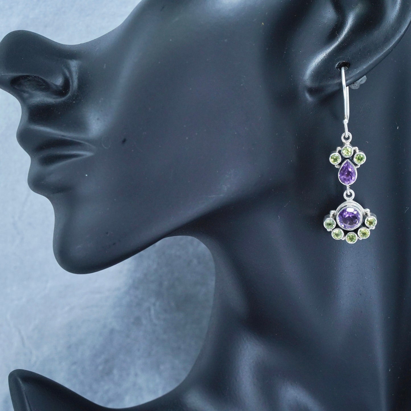 Vintage SLG Sterling 925 silver handmade earrings with amethyst and peridot