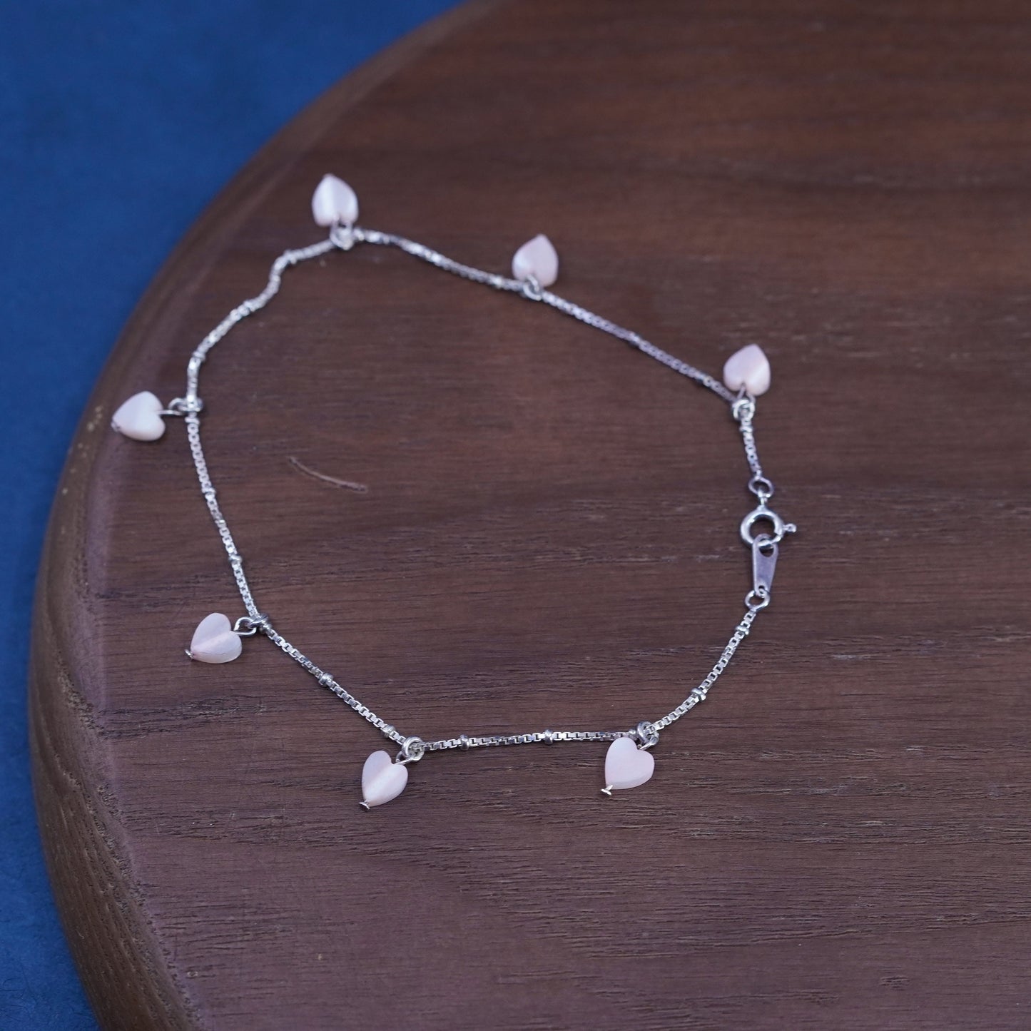 9”, Sterling silver handmade bracelet, 925 box chain with heart charms