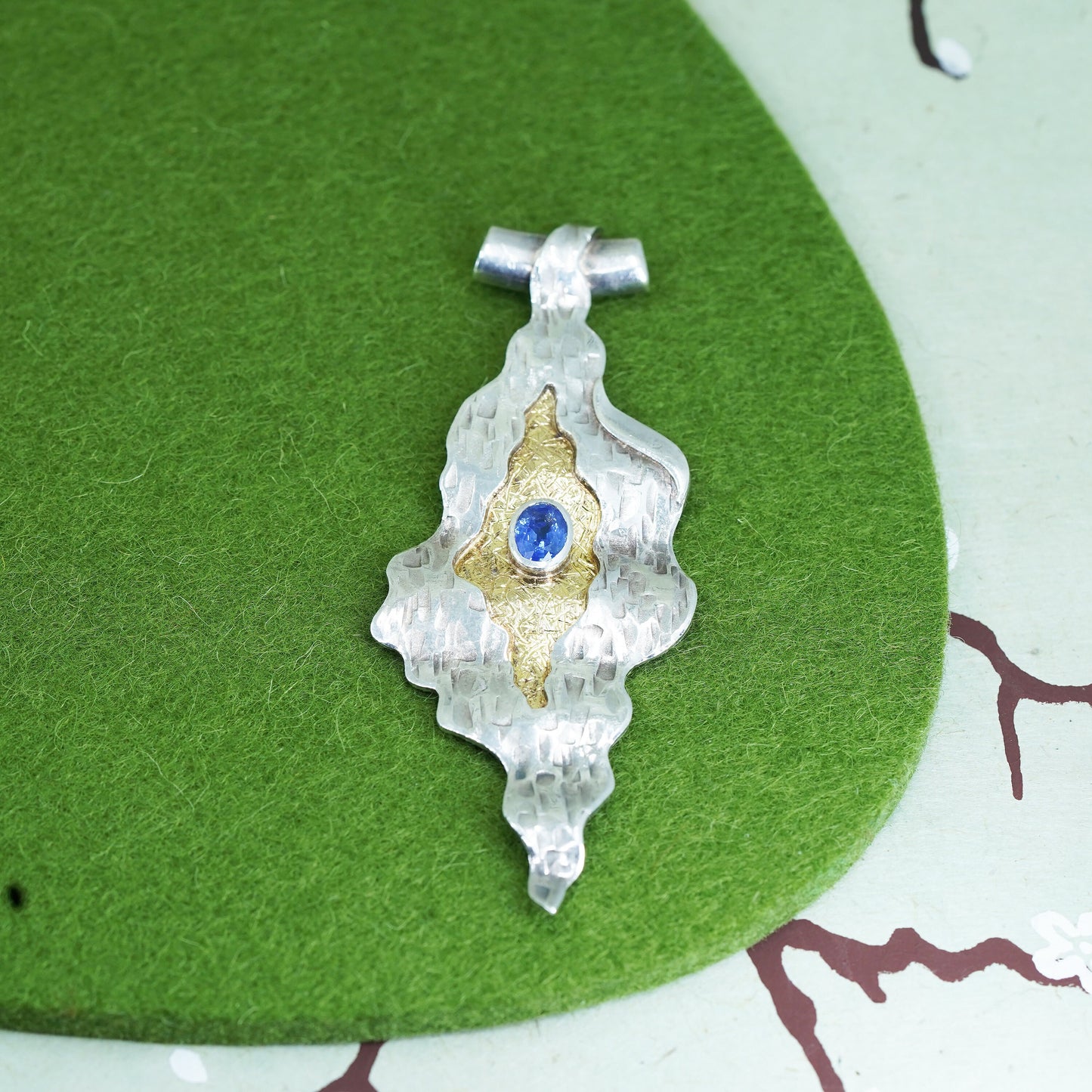 fashion two tone sterling silver pendant, huge 925 textured wave w/ blue topaz