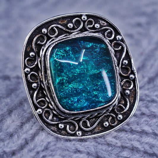 Size 5.25, VTG Mexico Sterling 925 silver handmade ring with blue foiled glass