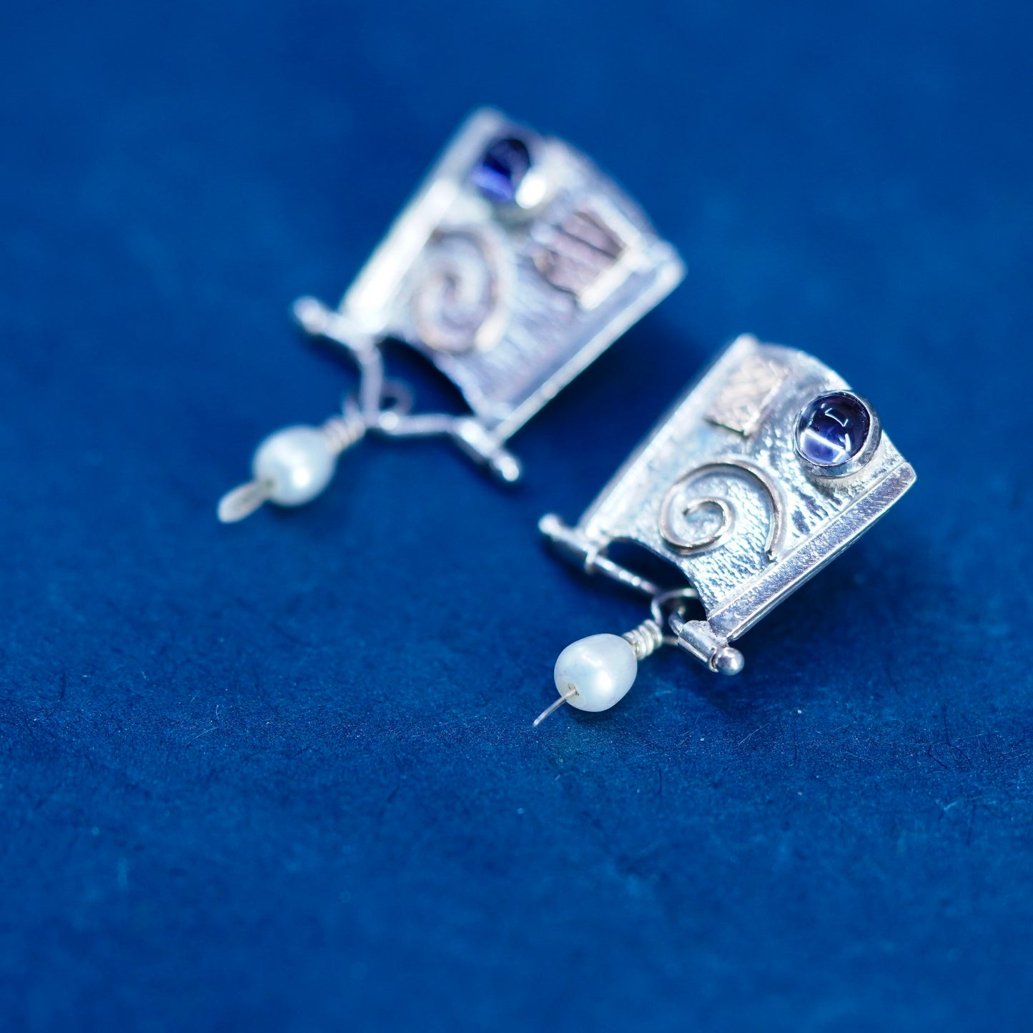Vintage two tone 14K gold with sterling silver 925 handmade earrings w/ pearls