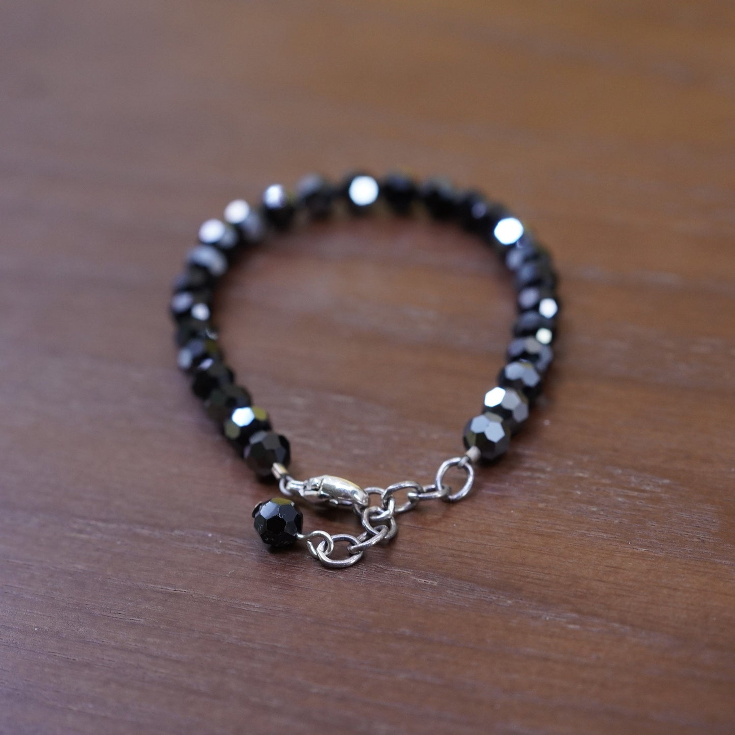 7”, vintage Sterling 925 silver beads bracelet with black crystal