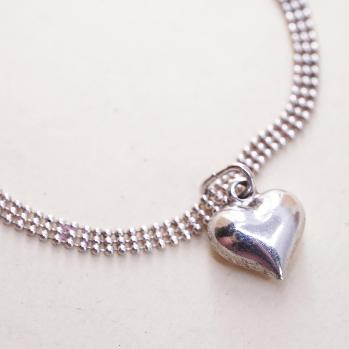 7” 4mm, Vintage Italian sterling silver bracelet, 925 bead chain heart charm