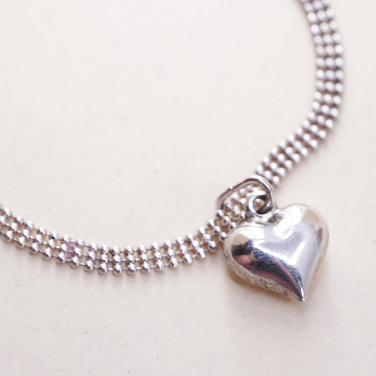 7” 4mm, Vintage Italian sterling silver bracelet, 925 bead chain heart charm