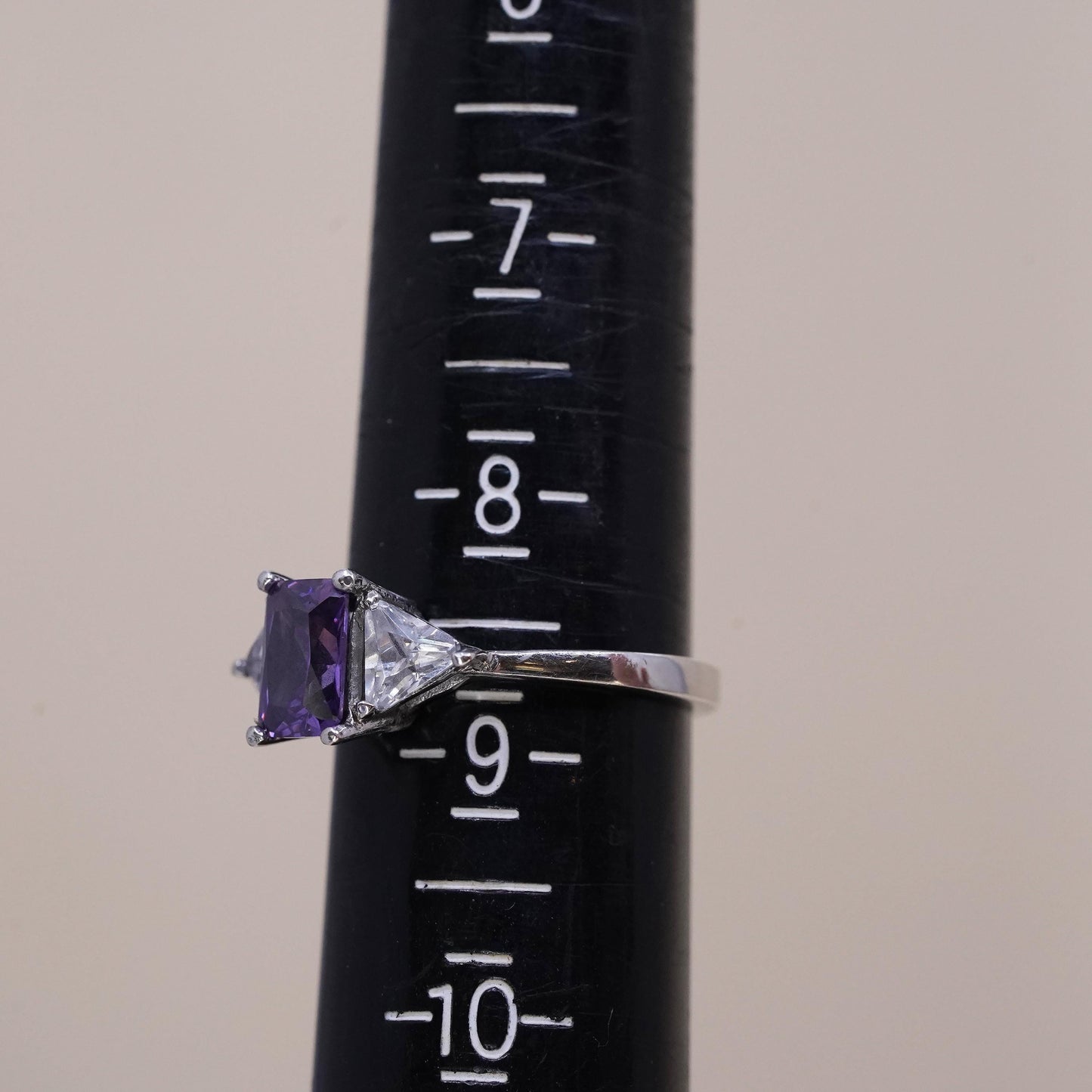 Size 8.5, Vintage sterling 925 silver handmade ring with amethyst and cz