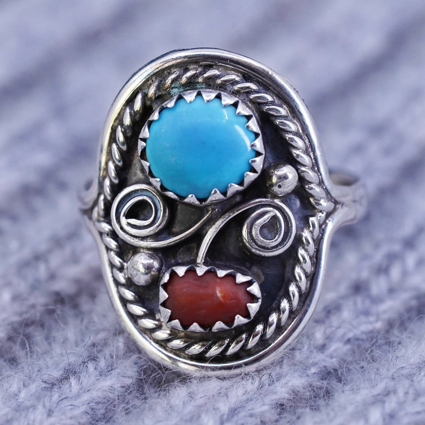 Size 6, Navajo DM Sterling 925 silver ring, Native American, turquoise coral