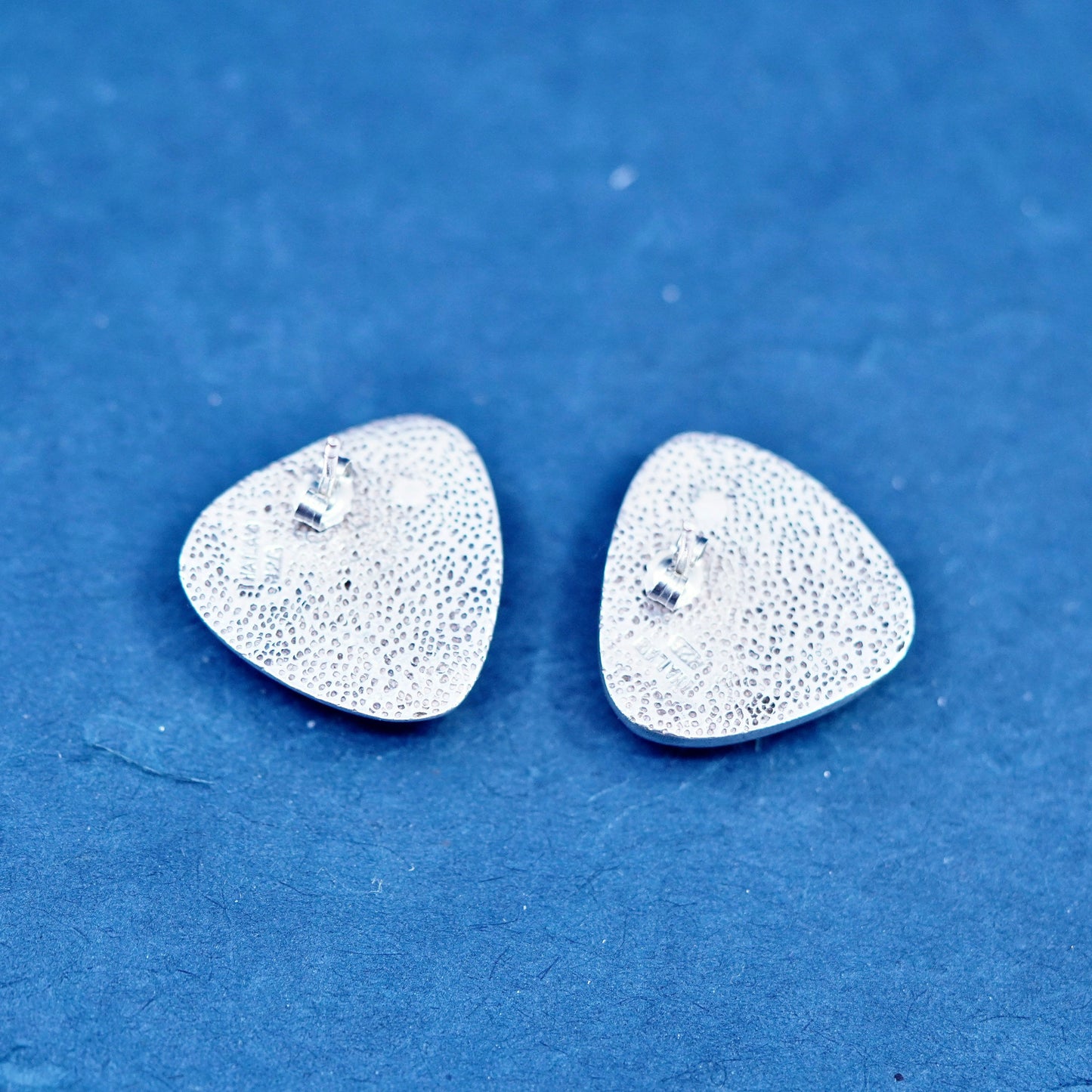 sterling silver handmade earrings, 925 triangular studs with denim lapis lazuli