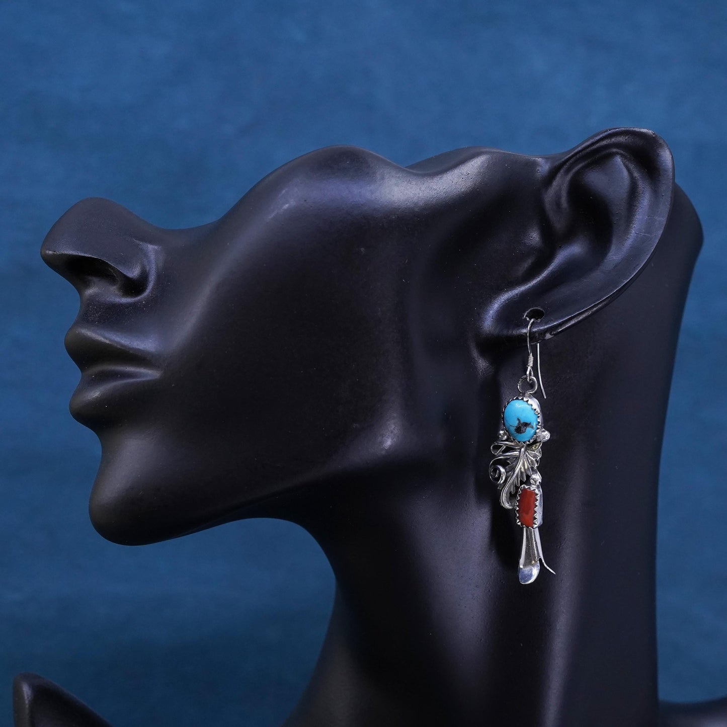 Native American Navajo sterling silver earrings, 925 feather turquoise coral