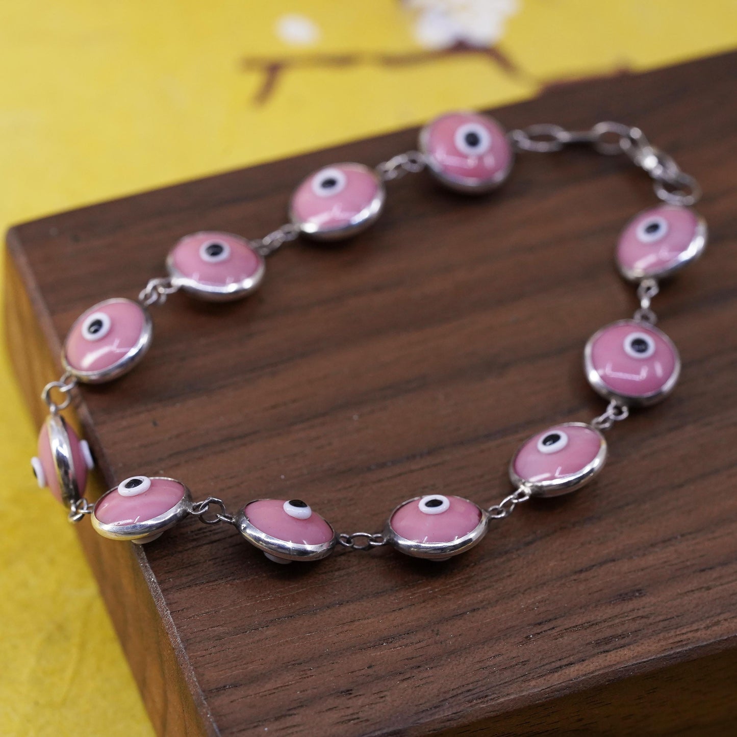 6.75", vintage sterling 925 silver handmade bracelet pink evil eye bracelet