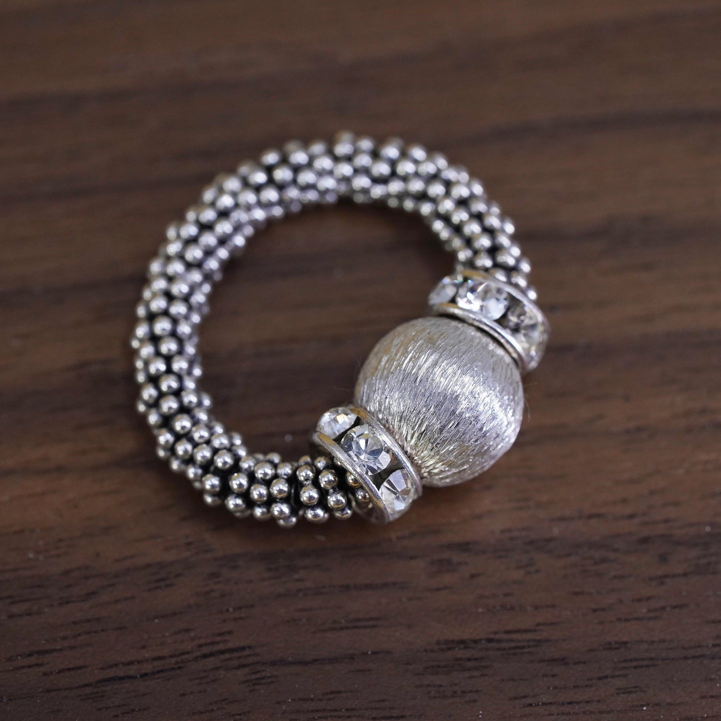 Size 5, vintage Sterling 925 silver handmade stretch beaded ring with cz