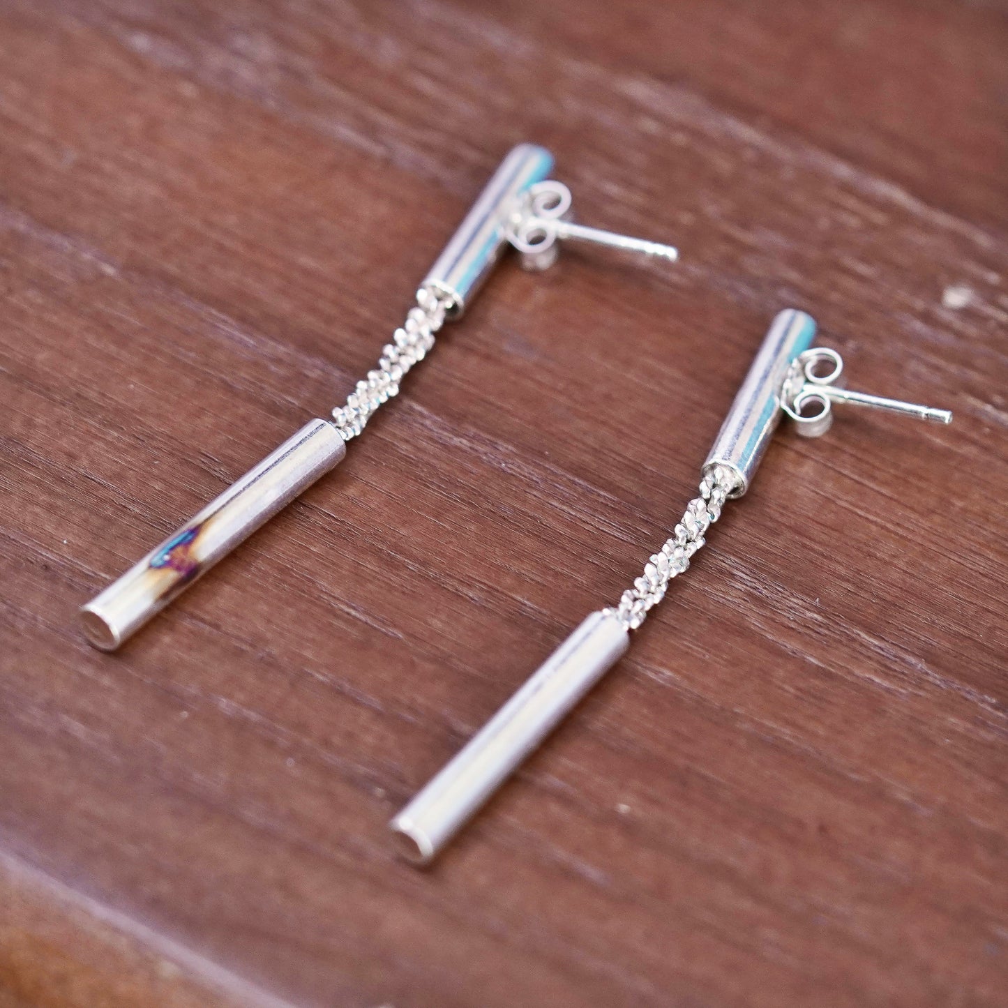 Vintage Sterling silver Handmade earrings, 925 long tube Dangles