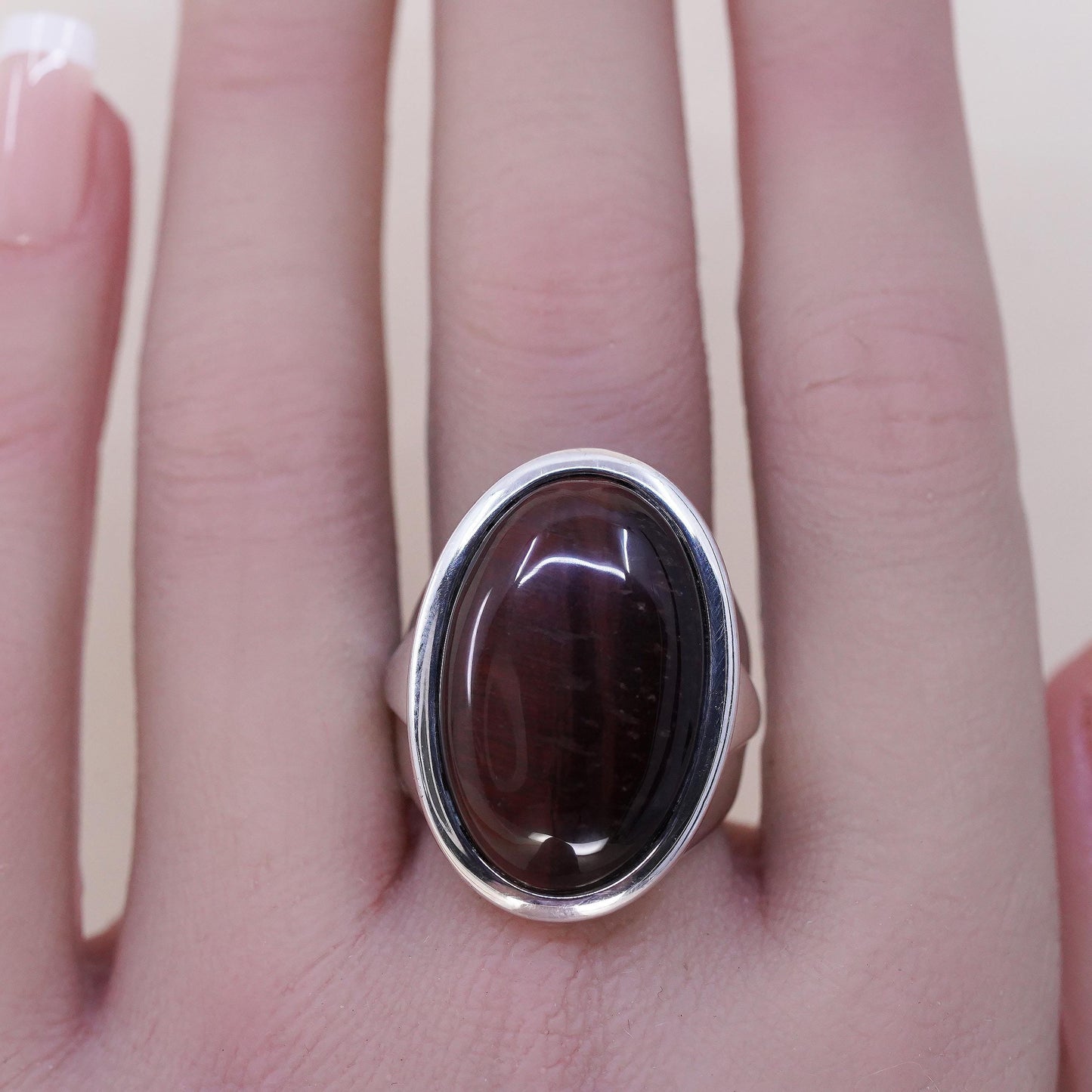 Size 8.25, Ella 925 Sterling Silver Red Tiger Eye Ring, Large Oval Ring, Unisex