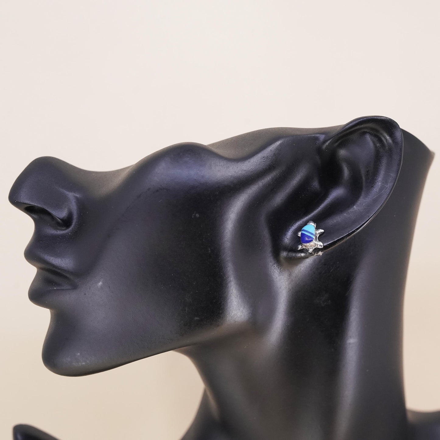 Vintage Sterling 925 silver handmade turtle stud with turquoise, single earring