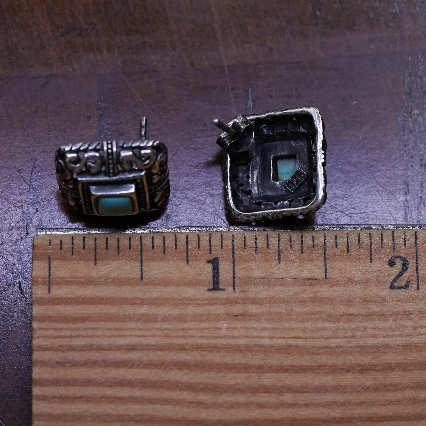 southwestern Sterling Silver square Earrings, 925 filigree studs with turquoise