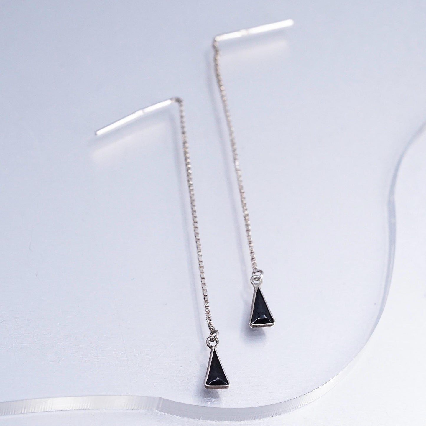 Vintage Sterling 925 silver handmade box chain earrings triangular onyx dangles