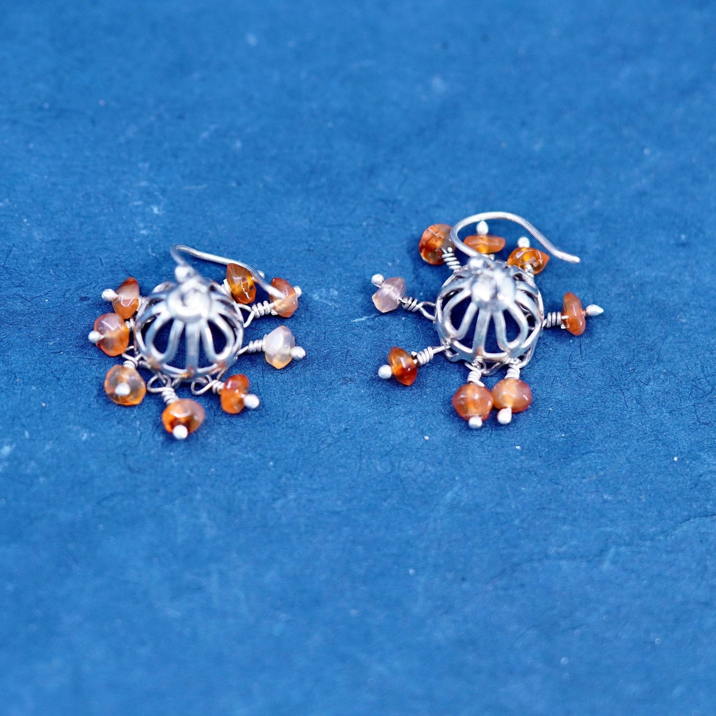 Vintage Sterling Silver 925 filigree crown Earrings with cluster carnelian